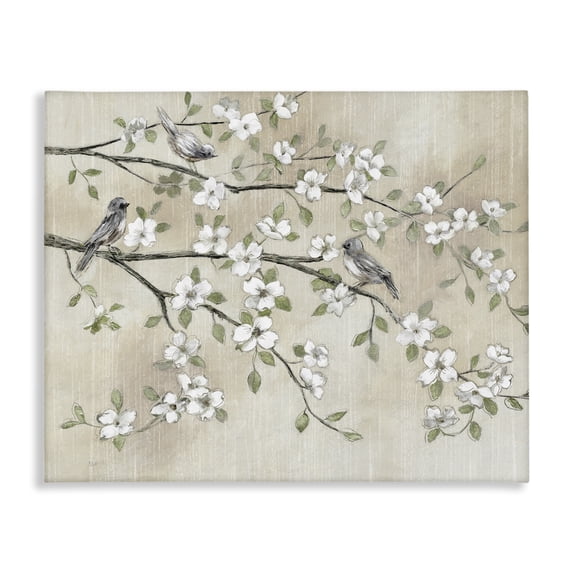 Traditional White Cherry Blossom Birds Branches Painting Canvas Art, 48 x 36, Design By Artist Nan