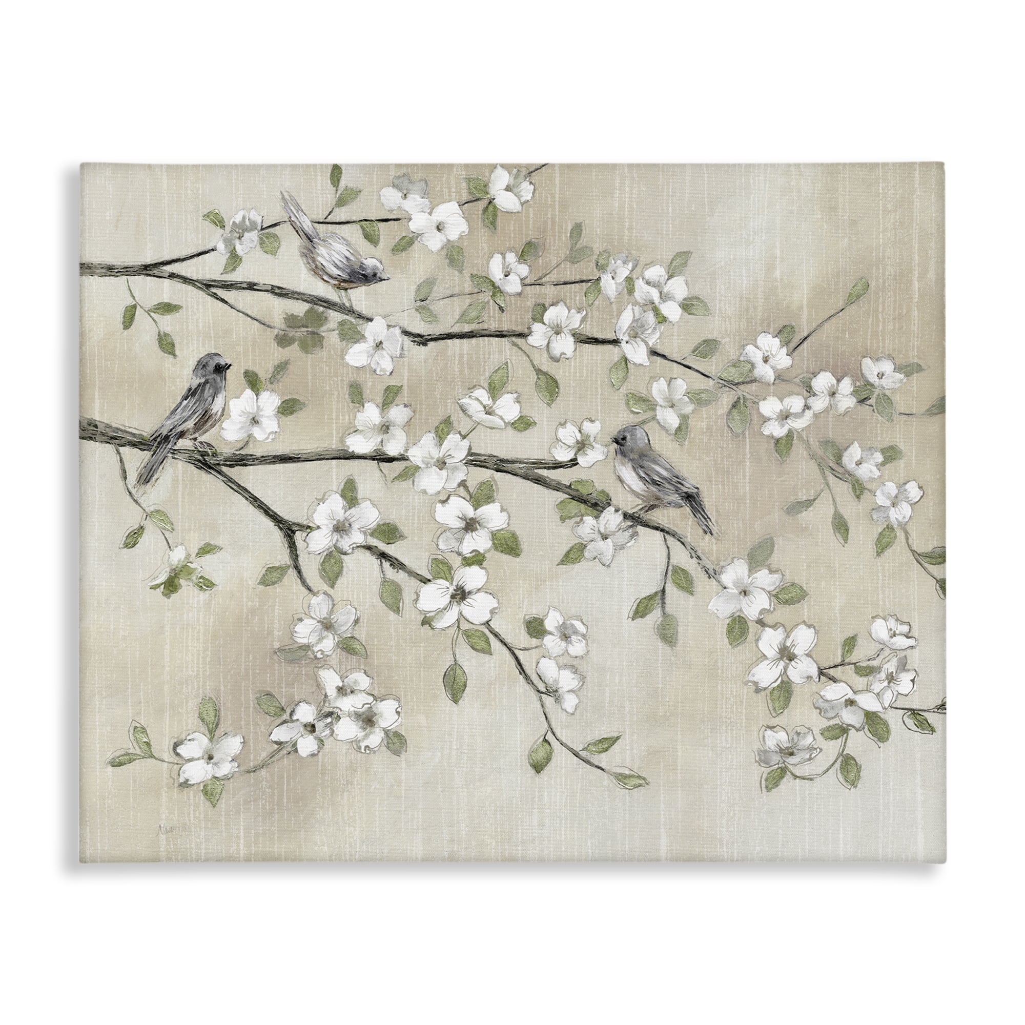 Traditional White Cherry Blossom Birds Branches Painting Canvas Art, 30 x 24, Design By Artist Nan