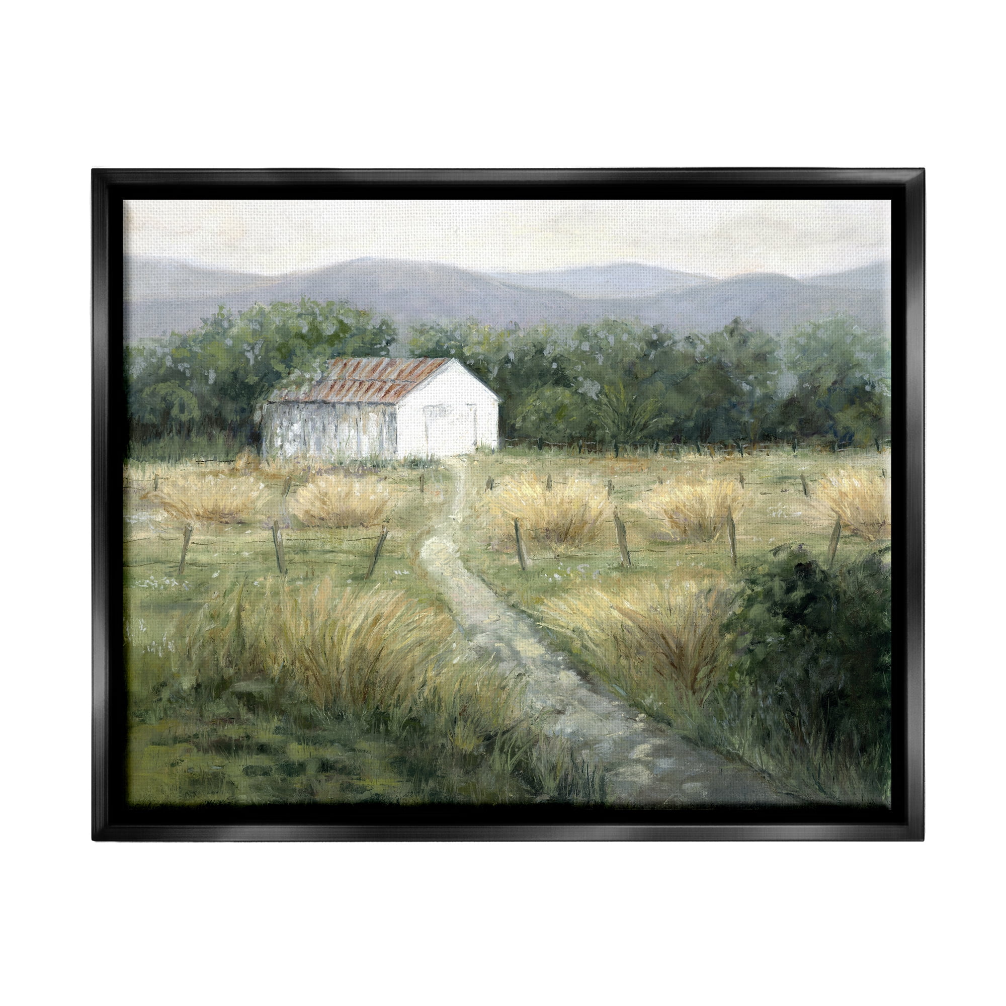 Stupell Industries Traditional White Cottage Path Landscape Painting Black Floater Framed Canvas Art Print Wall Art, 21 x 17