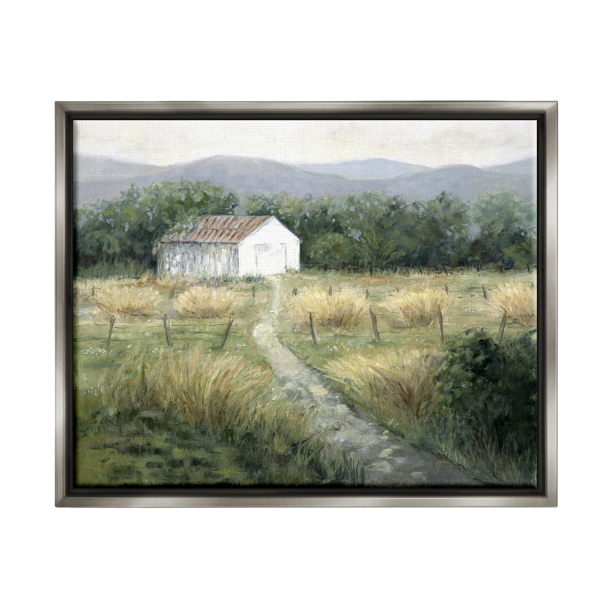 Stupell Industries Traditional White Cottage Path Landscape Painting Gray Floater Framed Canvas Art Print Wall Art, 31 x 25