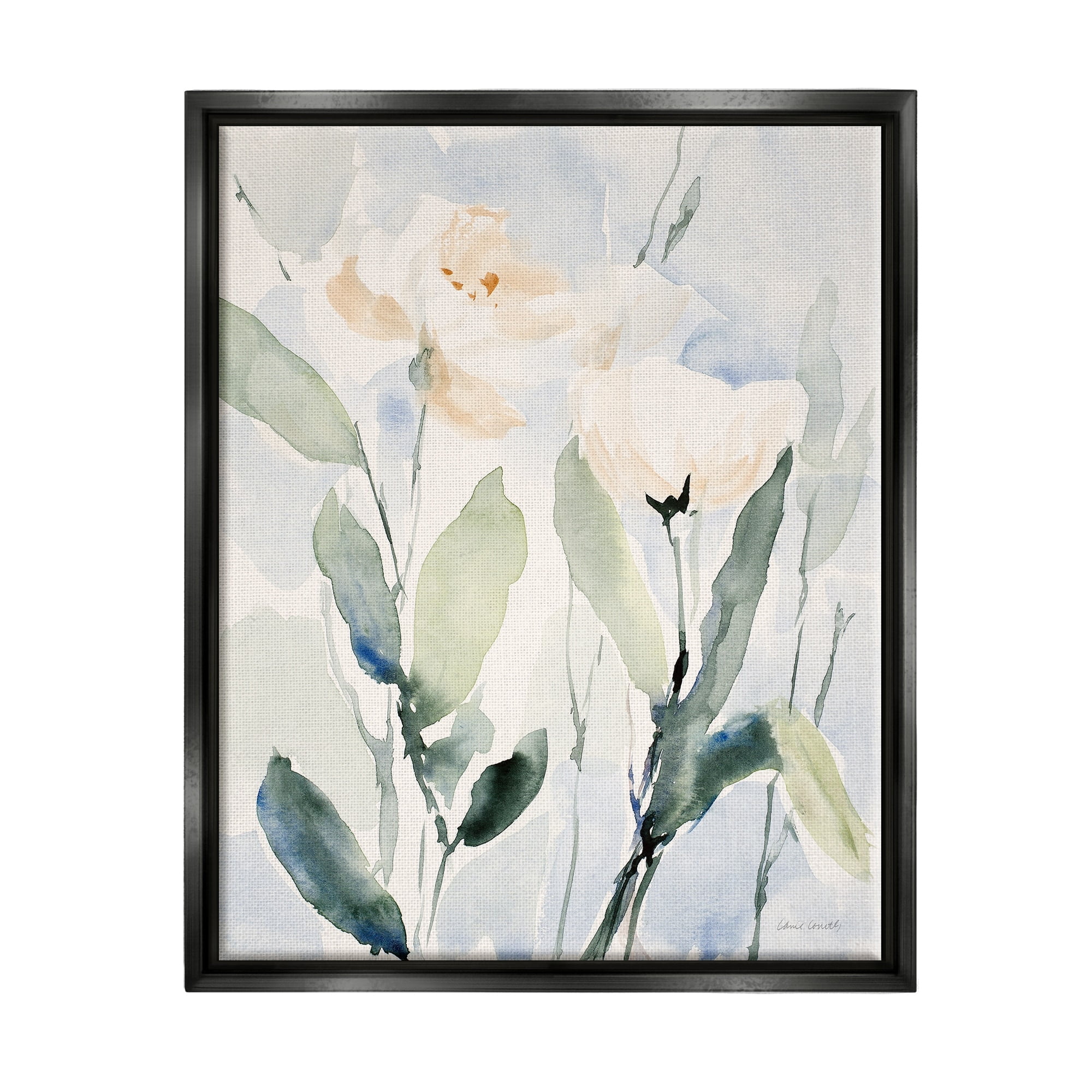 Stupell Industries Traditional White Flower Blossoms Watercolor Detail Painting Jet Black Floating Framed Canvas Print Wall Art, Design by Lanie Loreth