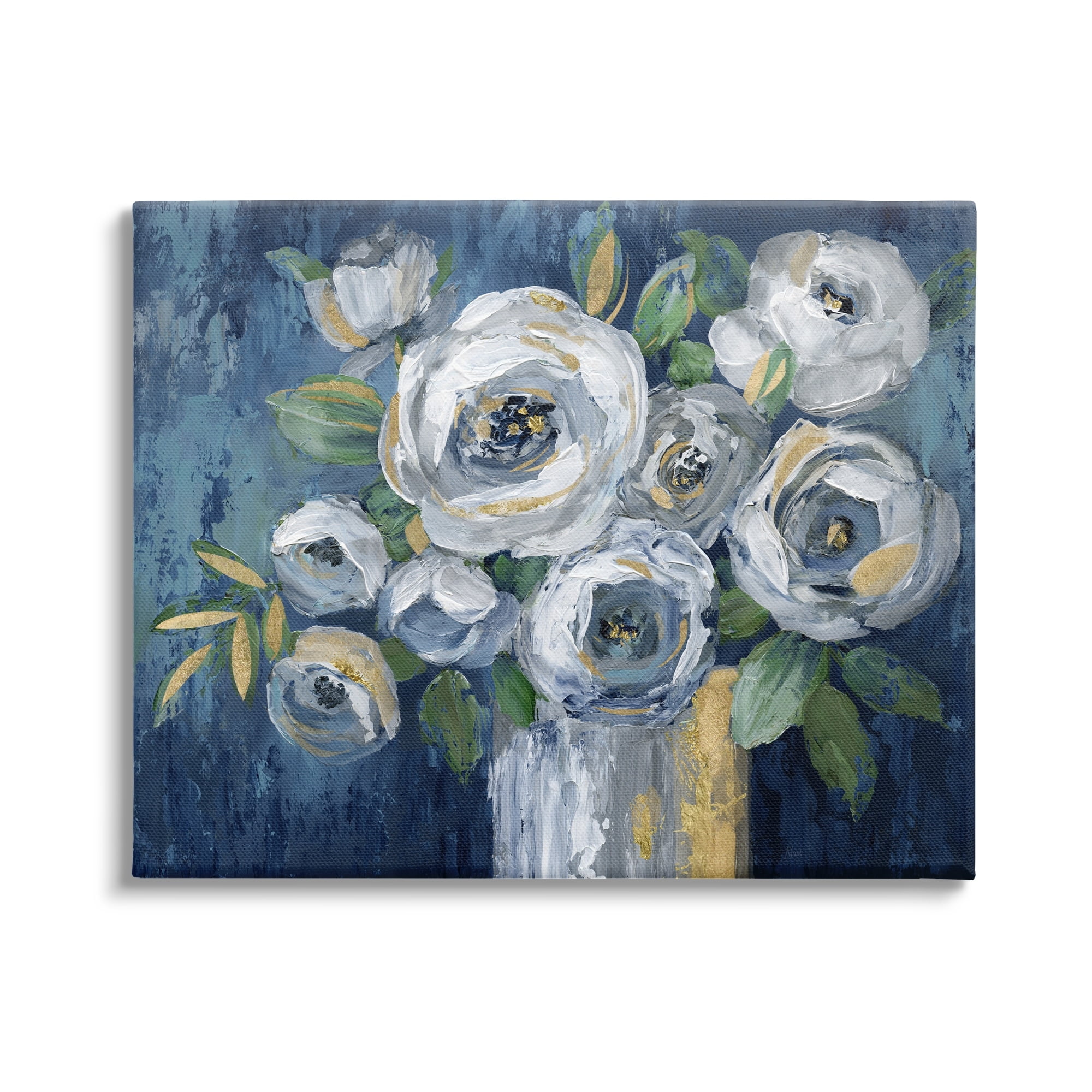 Traditional White Peonies Flower Bouquet on Blue Canvas