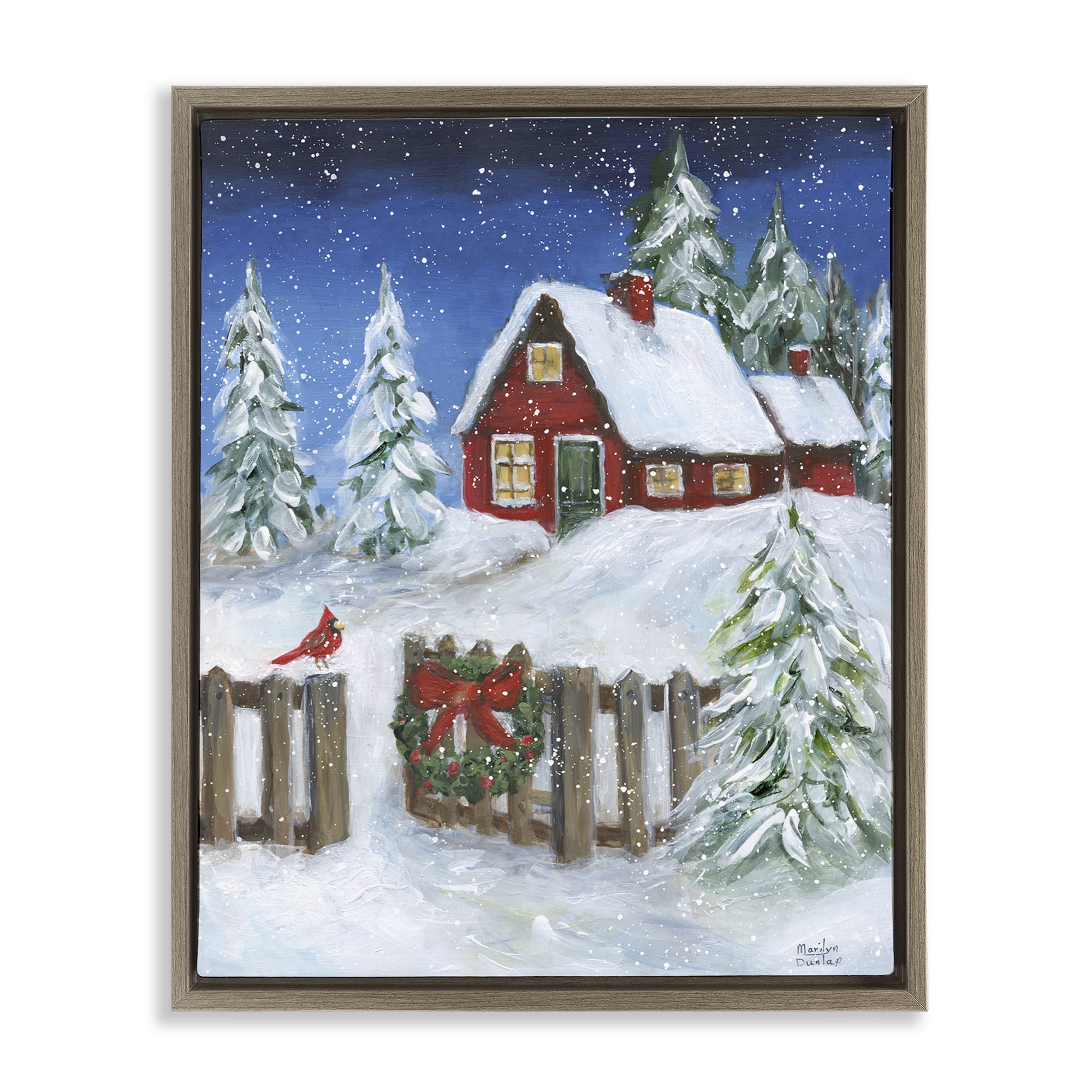 Stupell Industries Traditional Winter Scene Holiday Painting Brown Floater Framed Canvas Art Prints Wall Art, 17 x 21