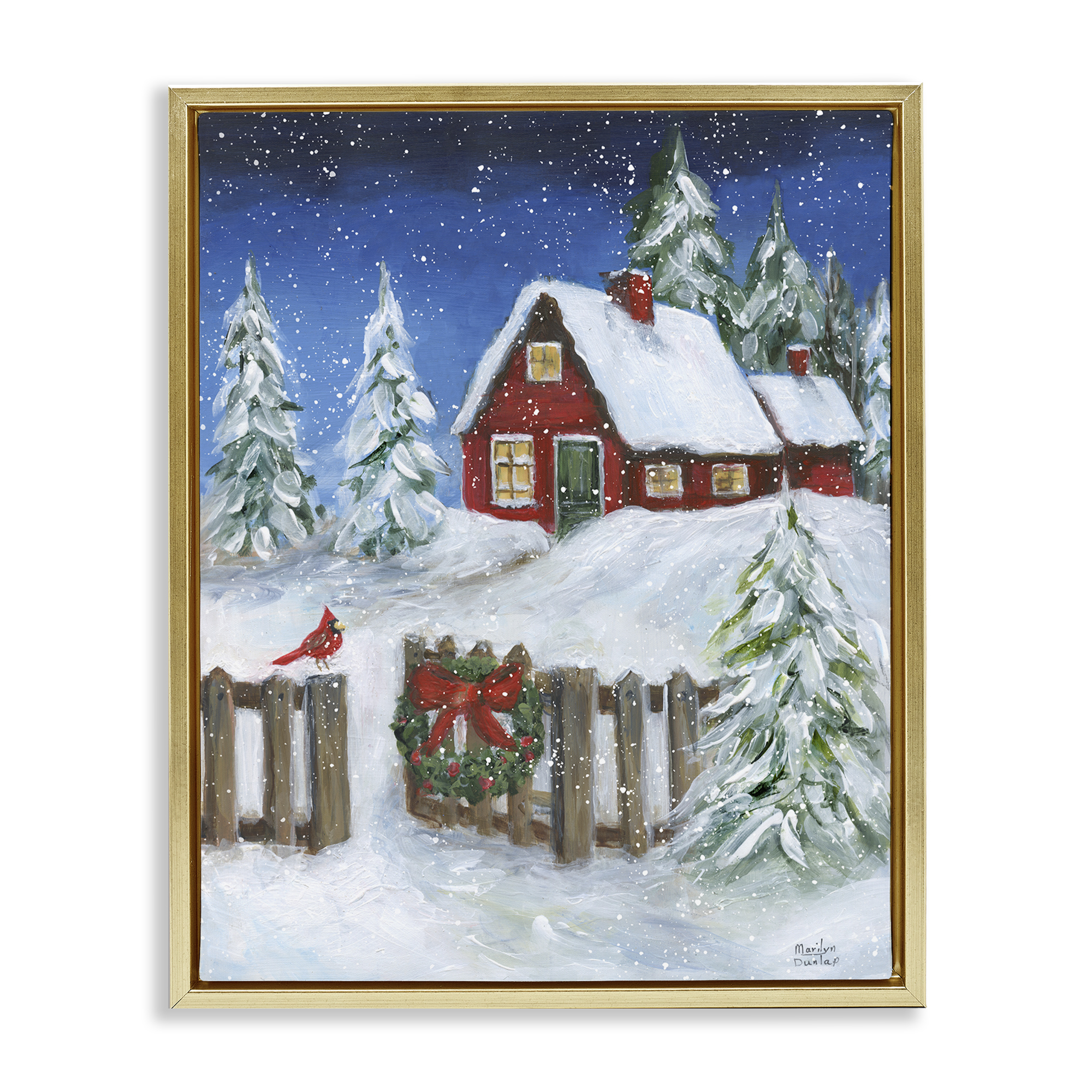 Stupell Industries Traditional Winter Scene Holiday Painting Gold Floater Framed Canvas Art Prints Wall Art, 17 x 21