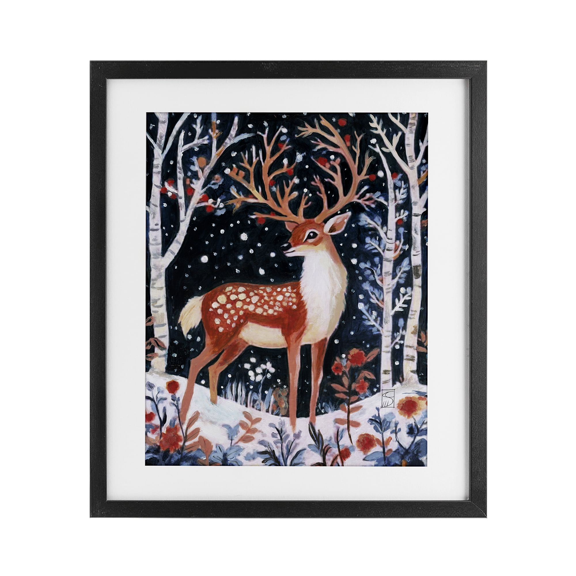 Stupell Industries Traditional Woodland Deer Winter Night Black Framed ...
