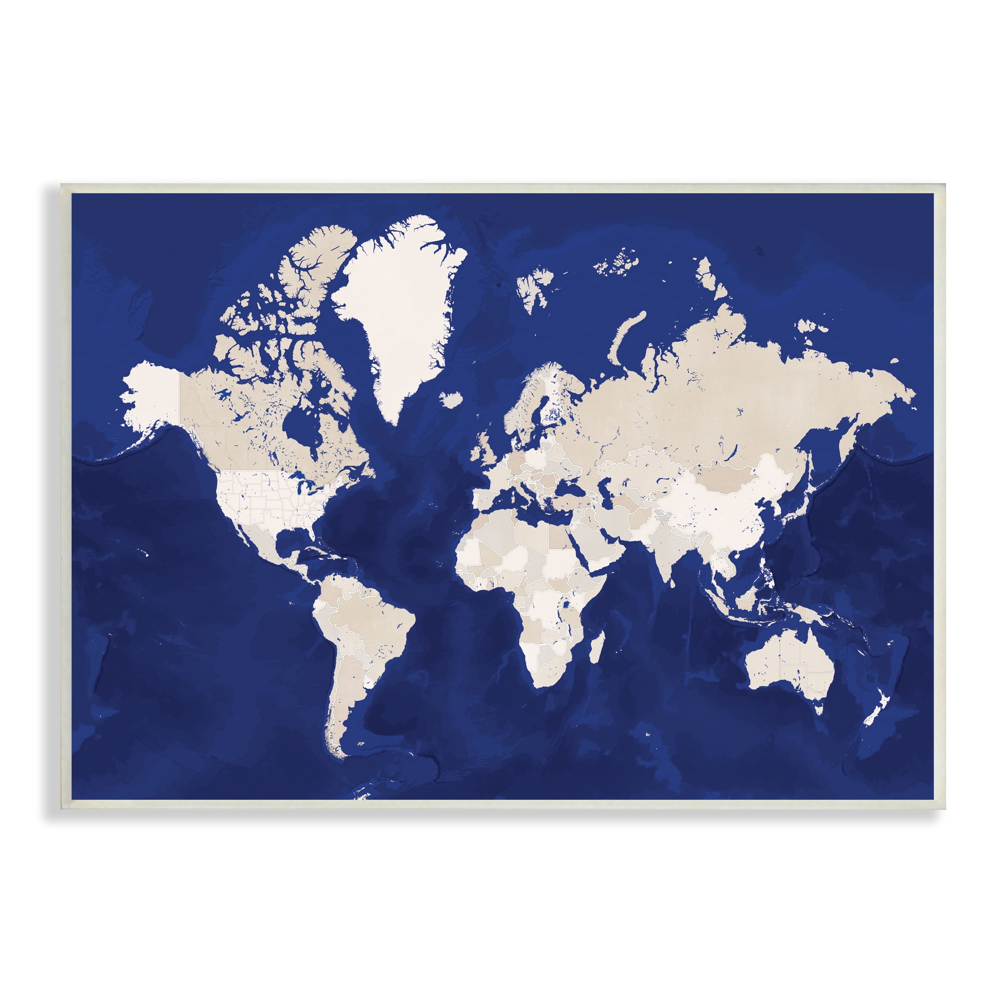 Stupell Industries Traditional World Map Neutral Tone Continents On Blue, 10 x 15, Designed by BlursByAI