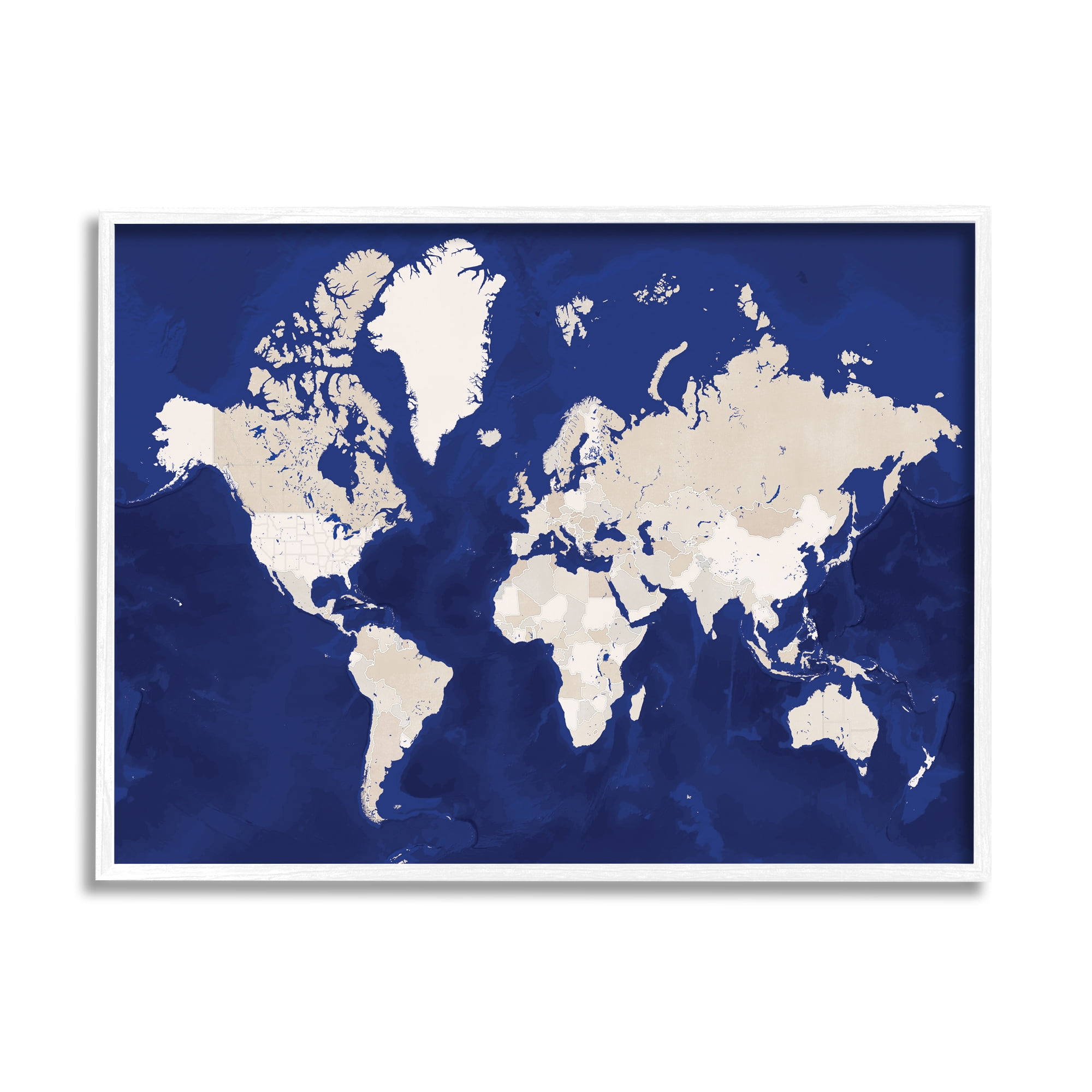 Stupell Industries Traditional World Map Neutral Tone Continents On Blue, 11 x 14, Designed by BlursByAI