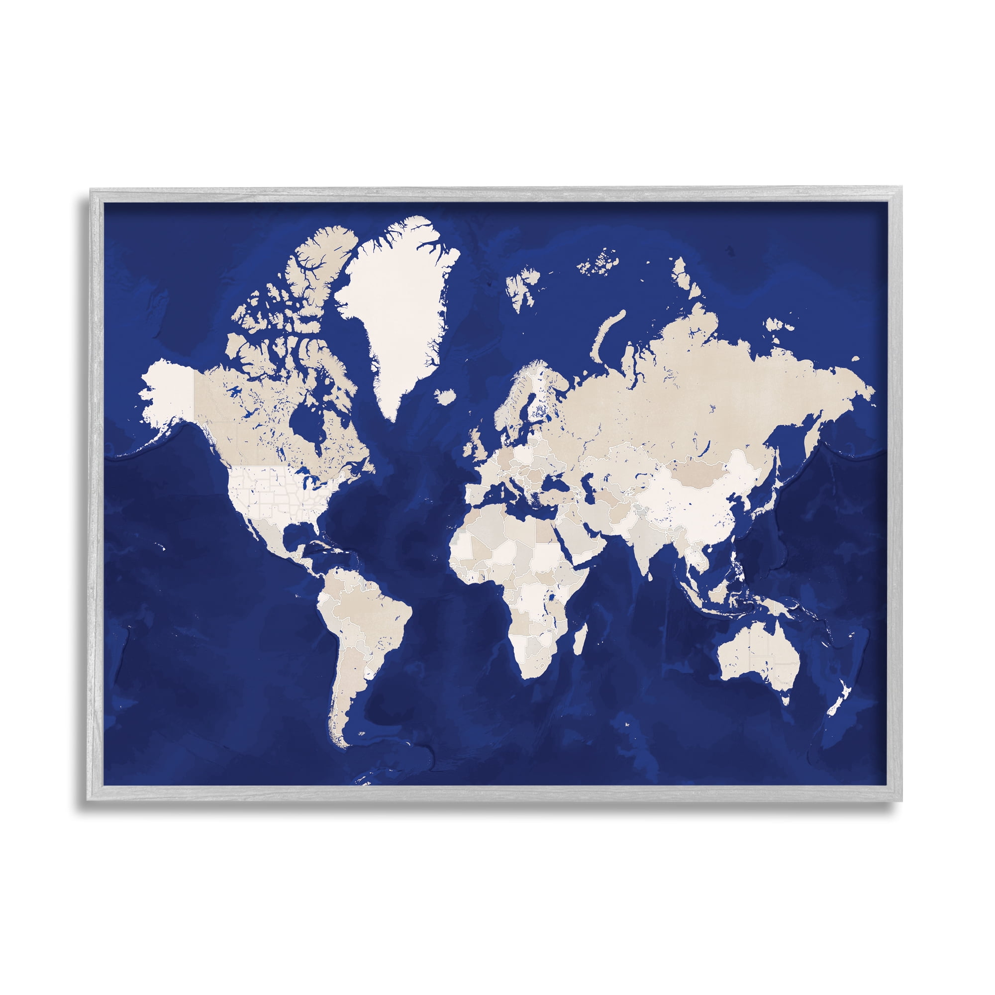 Stupell Industries Traditional World Map Neutral Tone Continents On Blue, 16 x 20, Designed by BlursByAI