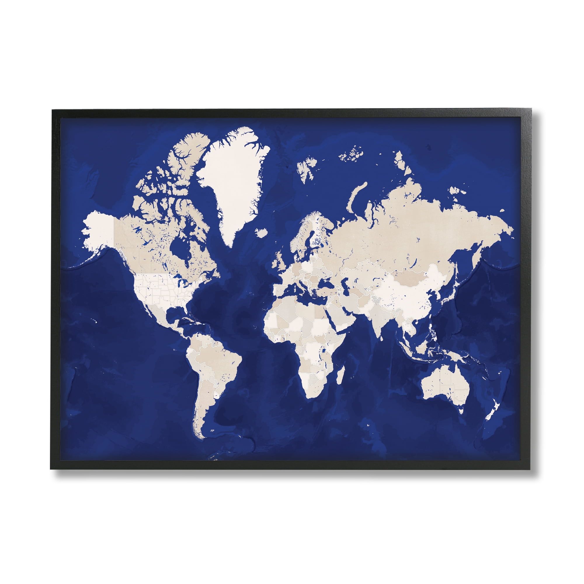 Stupell Industries Traditional World Map Neutral Tone Continents On Blue, 24 x 30, Designed by BlursByAI