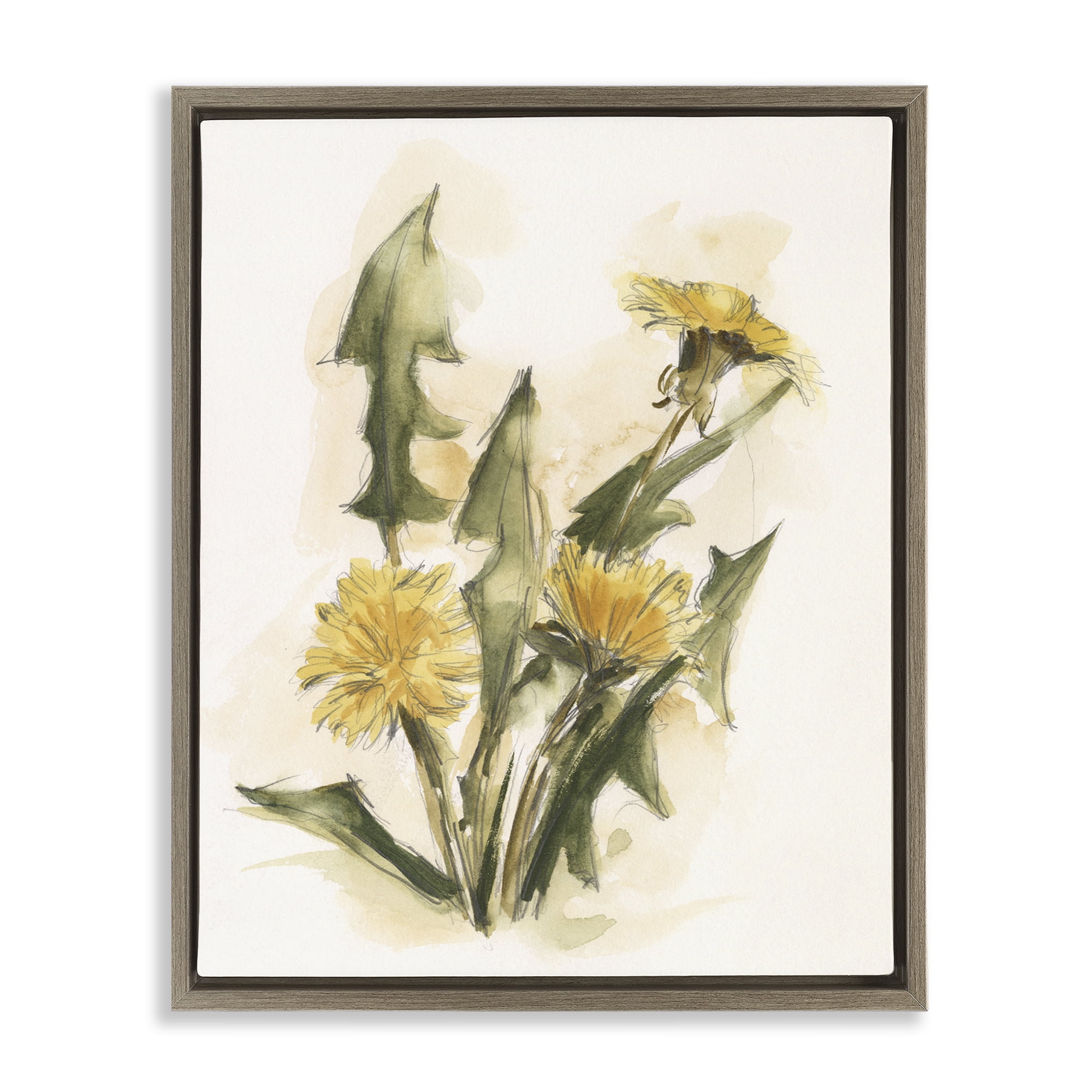 Stupell Industries Traditional Yellow Dandelion Botanical & Floral Painting Brown Floater Framed Art Print Wall Art, 17 x 21