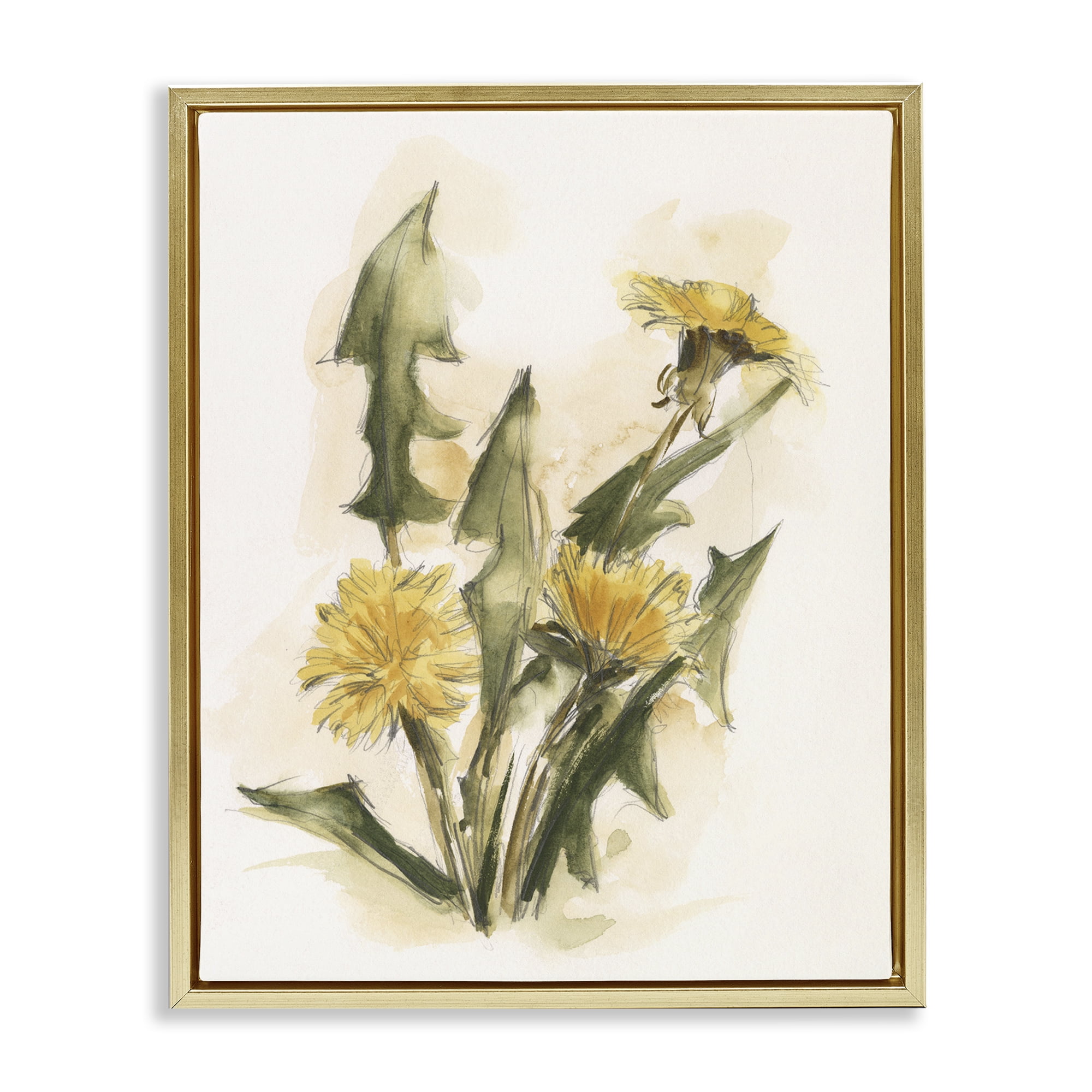 Stupell Industries Traditional Yellow Dandelion Botanical & Floral Painting Gold Floater Framed Art Print Wall Art, 25 x 31