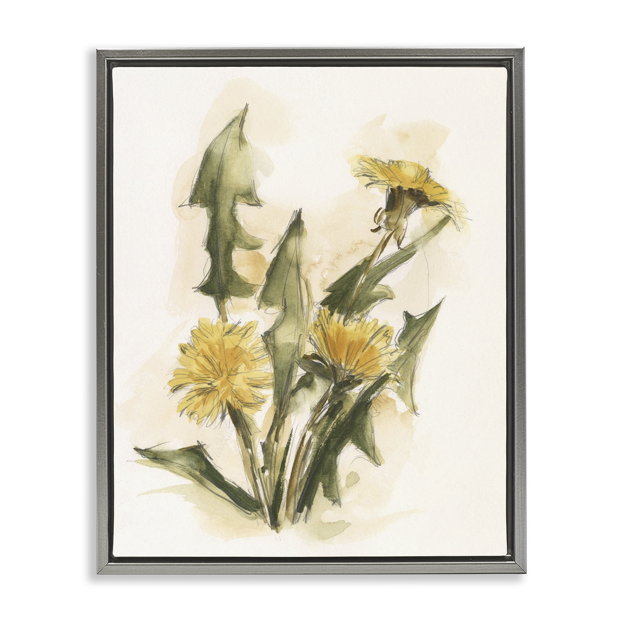 Stupell Industries Traditional Yellow Dandelion Botanical & Floral Painting Gray Floater Framed Art Print Wall Art, 25 x 31
