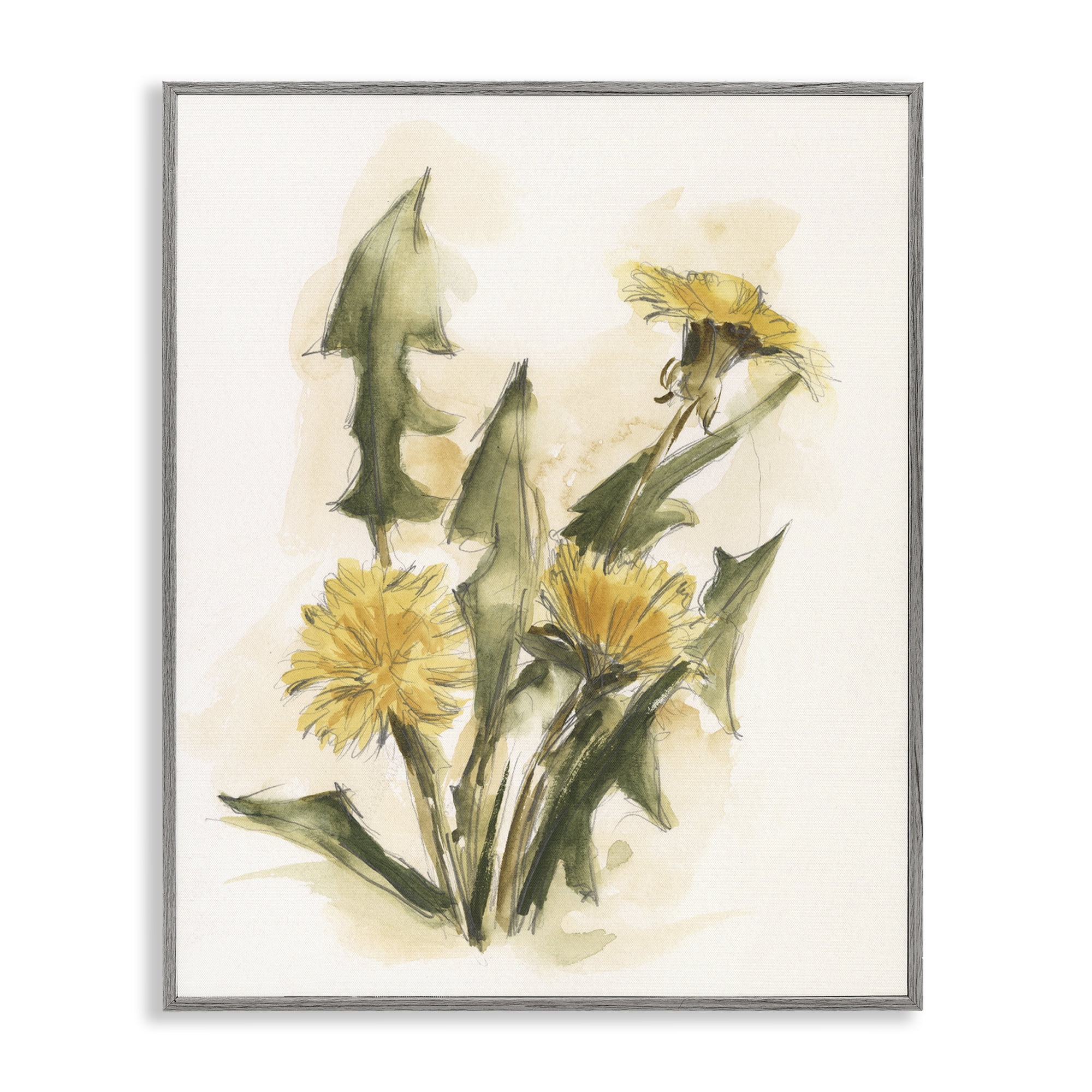 Stupell Industries Traditional Yellow Dandelion Botanical & Floral Painting Gray Framed Art Print Wall Art, 11 x 14