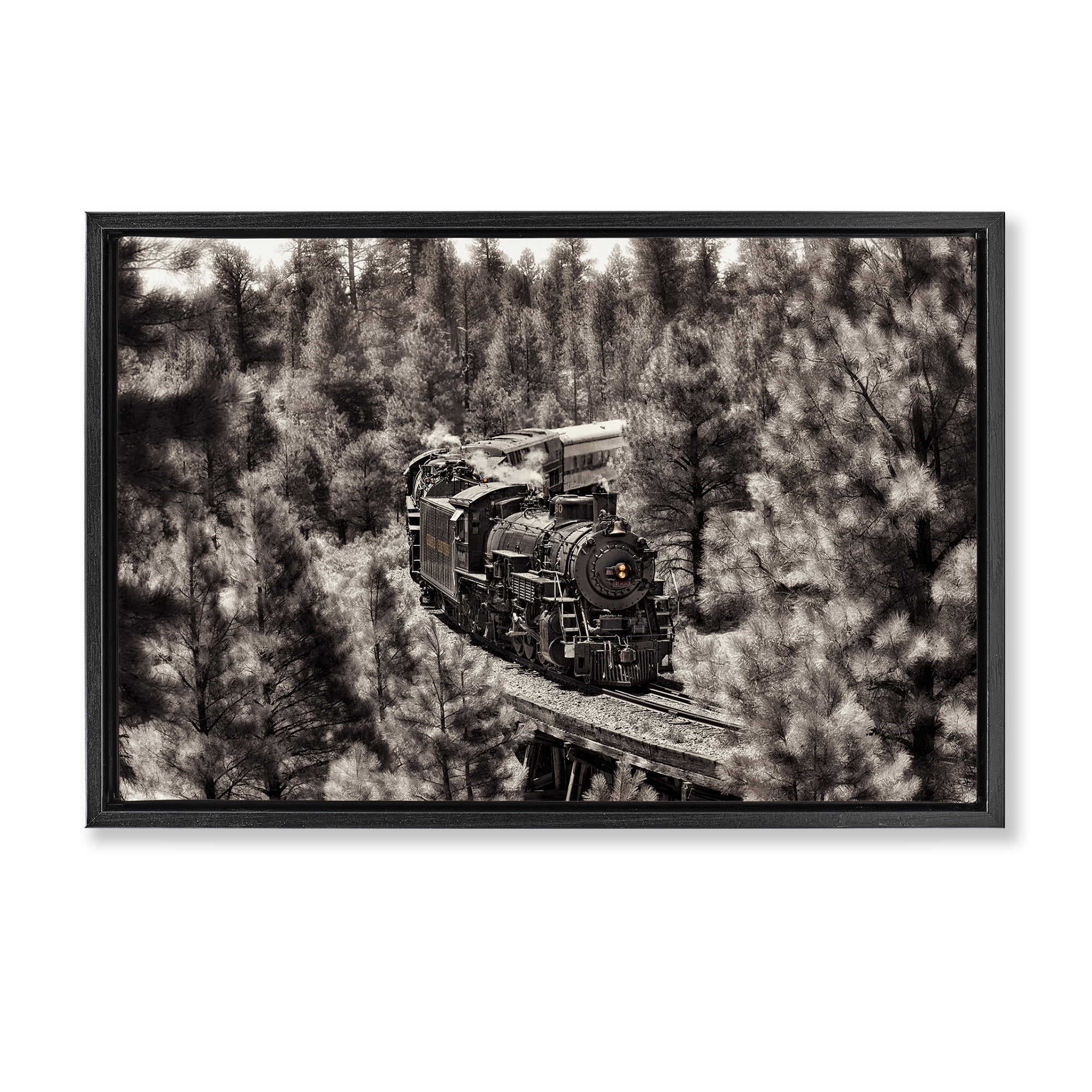 Stupell Industries Train on Curving Path Transportation Photography Black Floater Framed Canvas Art Print Wall Art, 25 x 17