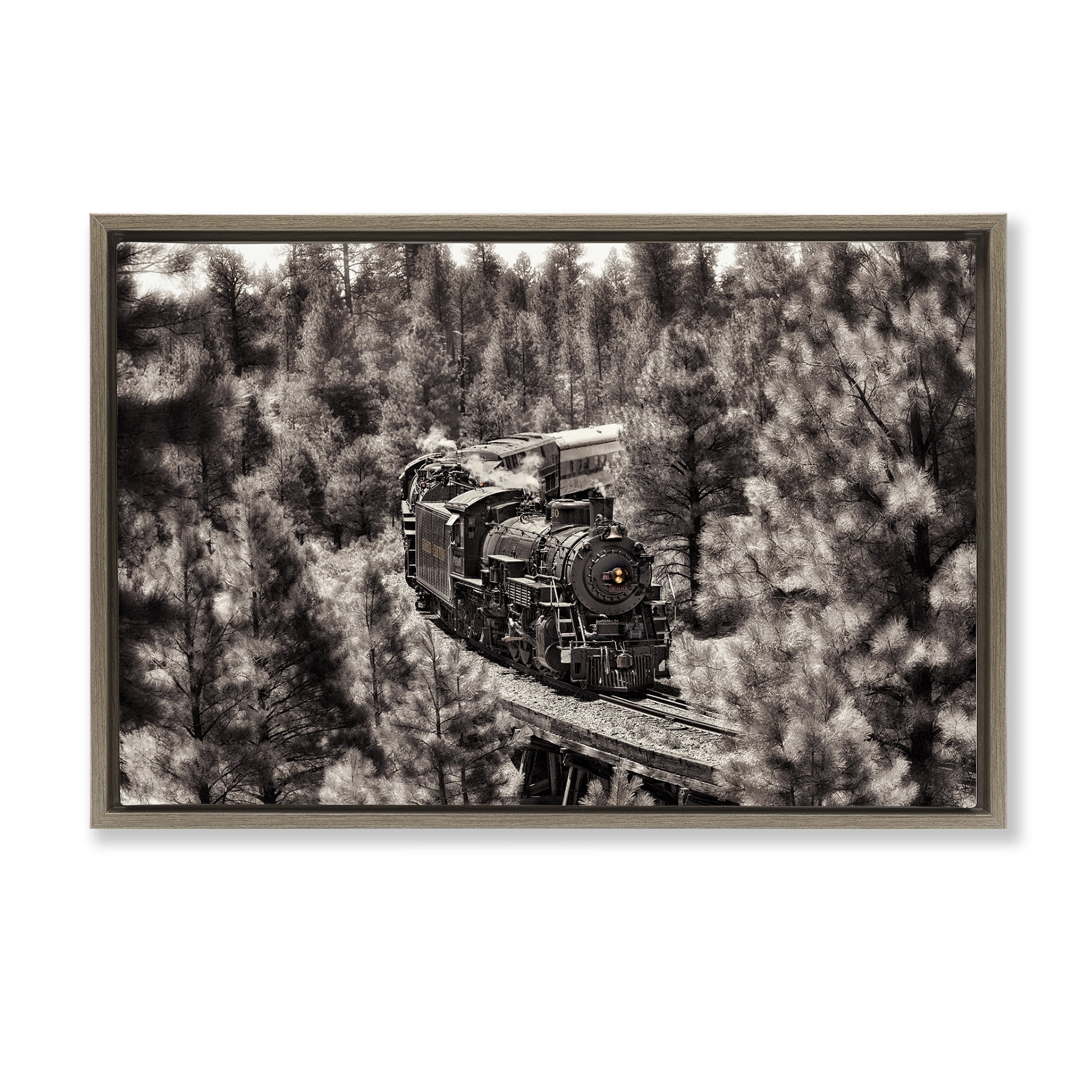 Stupell Industries Train on Curving Path Transportation Photography Brown Floater Framed Canvas Art Print Wall Art, 31 x 21