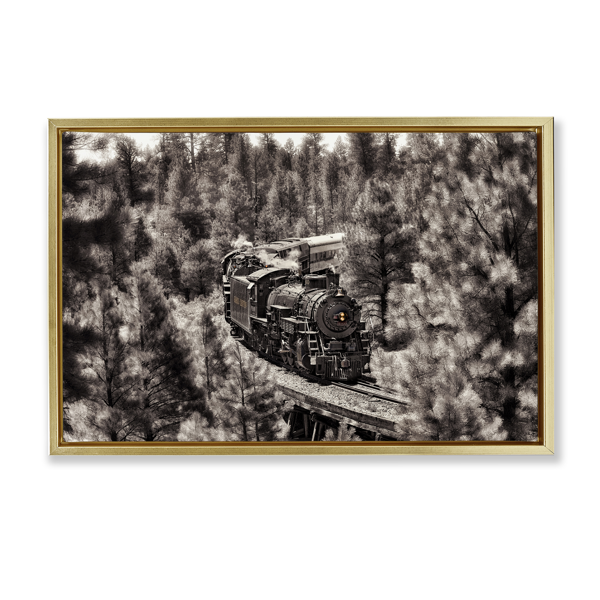 Stupell Industries Train on Curving Path Transportation Photography Gold Floater Framed Canvas Art Print Wall Art, 31 x 21