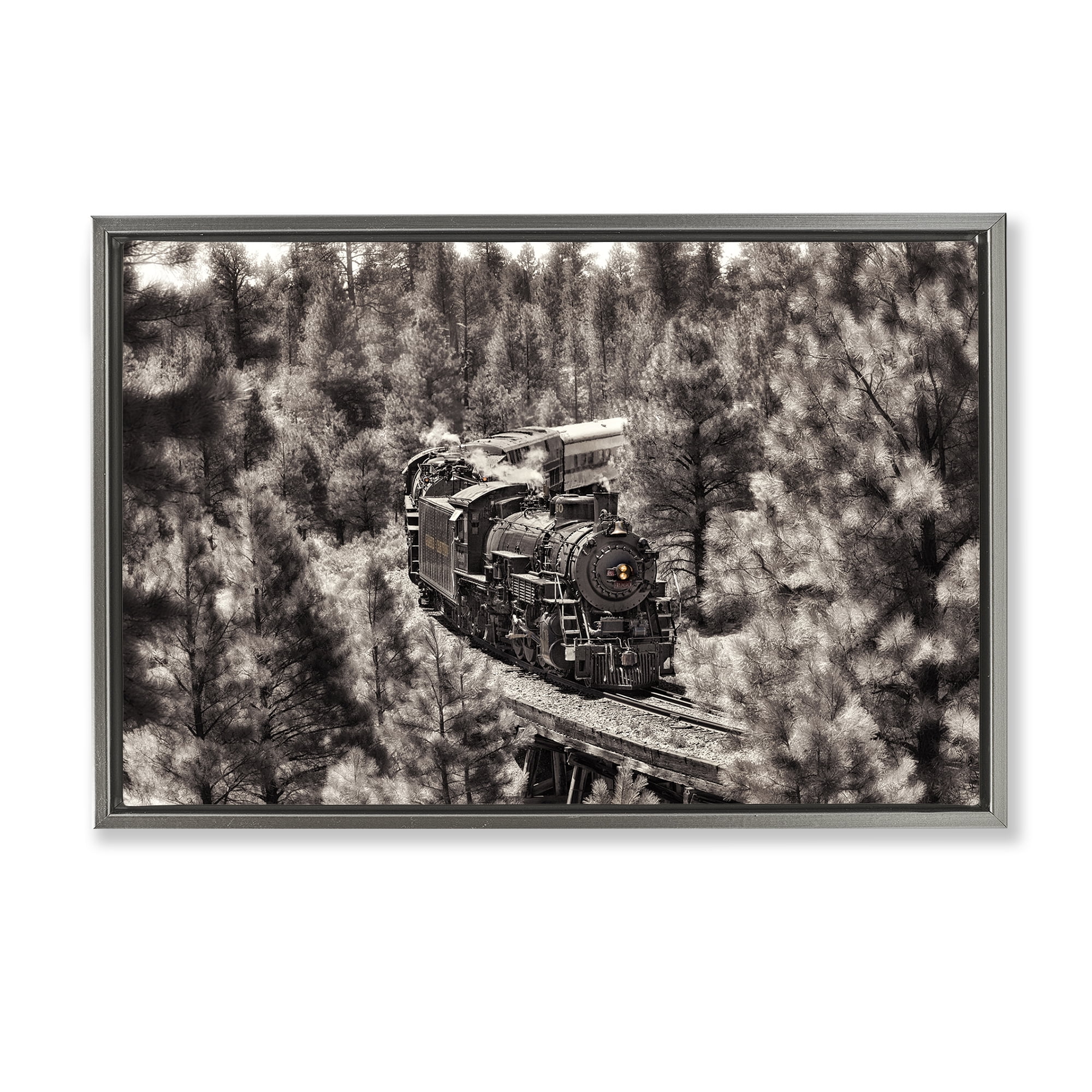 Stupell Industries Train on Curving Path Transportation Photography Gray Floater Framed Canvas Art Print Wall Art, 25 x 17