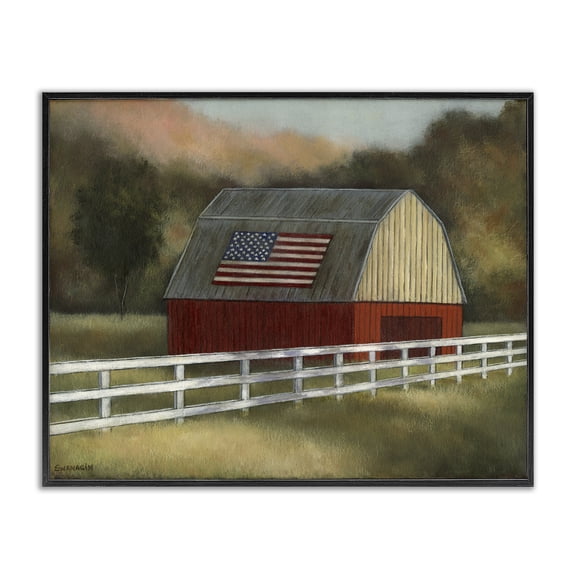 Stupell Industries Tranquil Barn with American Flag Country Charm Painting Black Framed Art Print Wall Art, 30 x 24