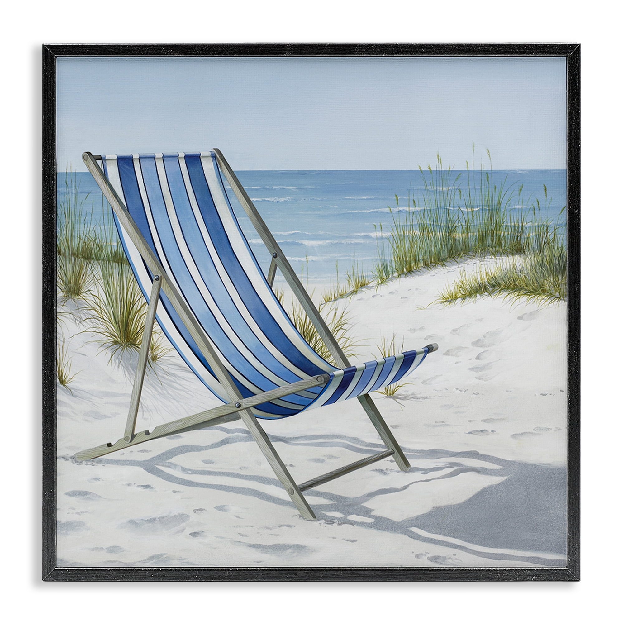 Stupell Industries Tranquil Beach Chair Landscape Painting Black Framed Art Print Wall Art, 24 x 24