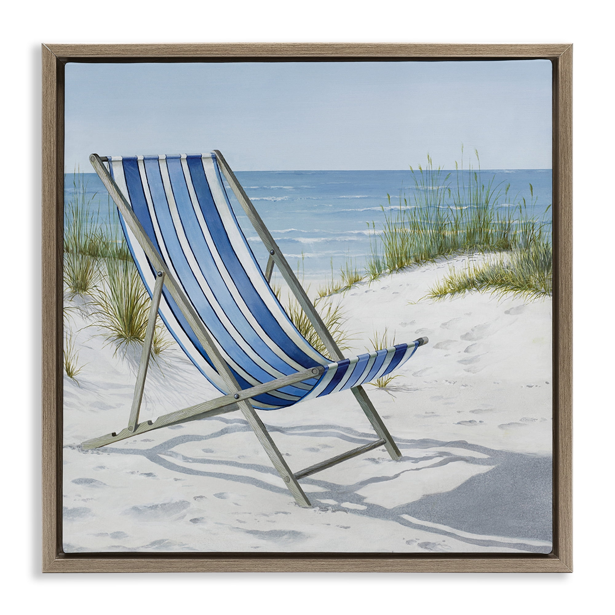 Stupell Industries Tranquil Beach Chair Landscape Painting Brown Floater Framed Canvas Art Print Wall Art, 18 x 18