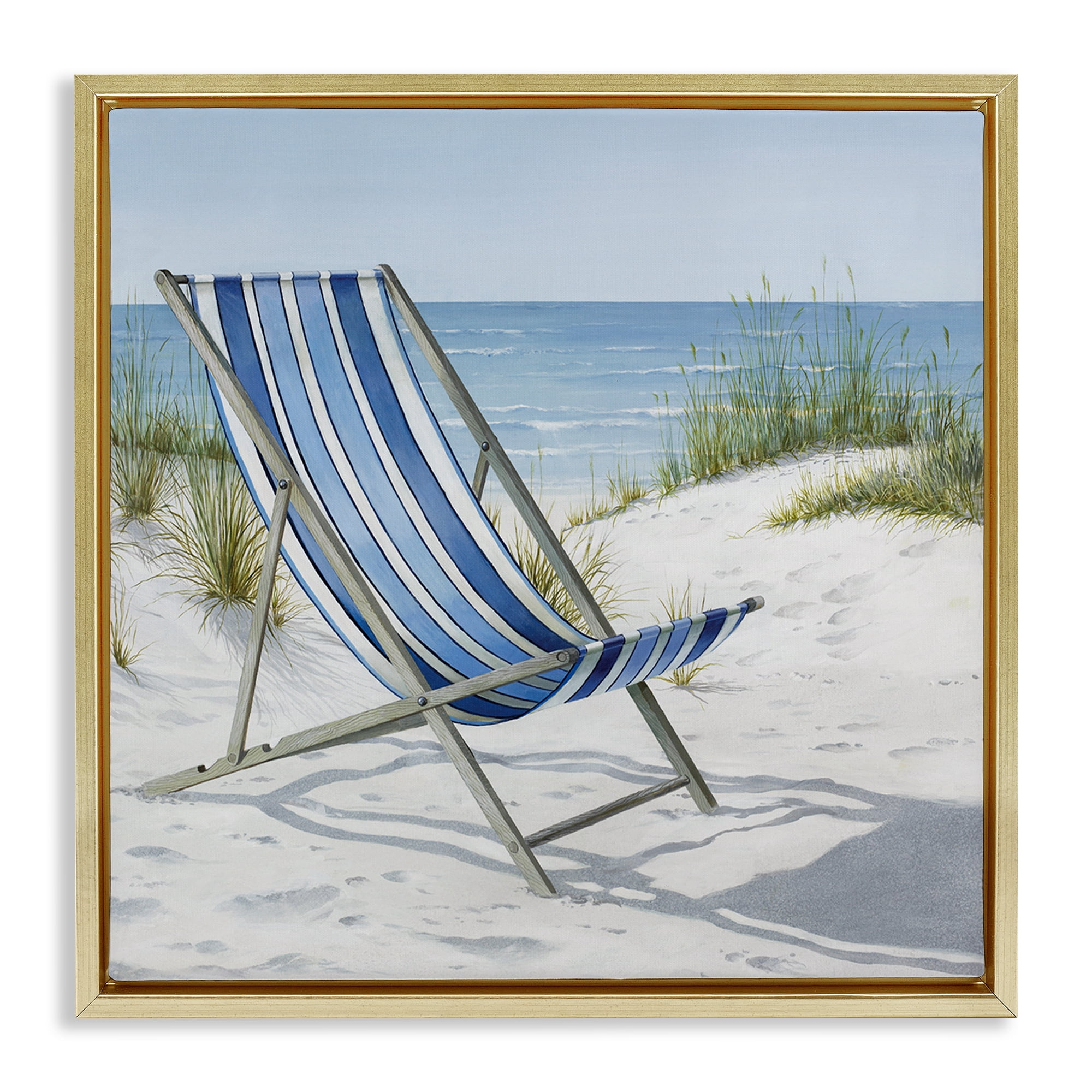 Stupell Industries Tranquil Beach Chair Landscape Painting Gold Floater Framed Canvas Art Print Wall Art, 18 x 18