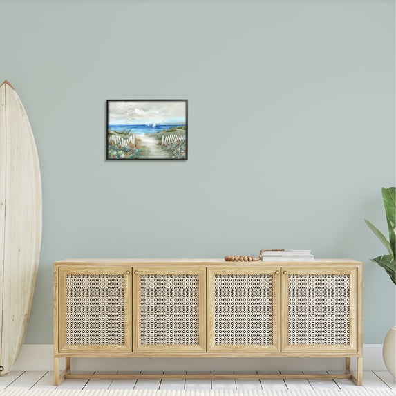 Stupell Industries Tranquil Beachside Flower Meadow Ocean Sailboats Scene Painting Black Framed Art Print Wall Art, Design by Nan