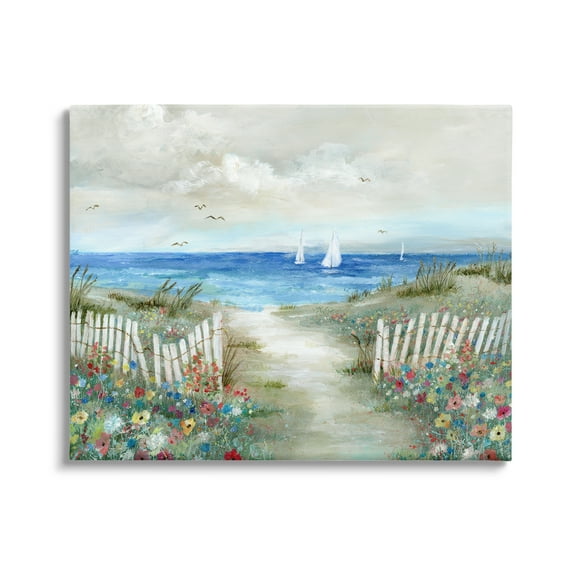 Stupell Industries Tranquil Beachside Flower Meadow Ocean Sailboats Scene Painting Gallery Wrapped Canvas Print Wall Art, Design by Nan