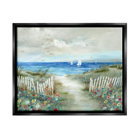 Stupell Industries Tranquil Beachside Flower Meadow Ocean Sailboats Scene Painting Jet Black Floating Framed Canvas Print Wall Art, Design by Nan