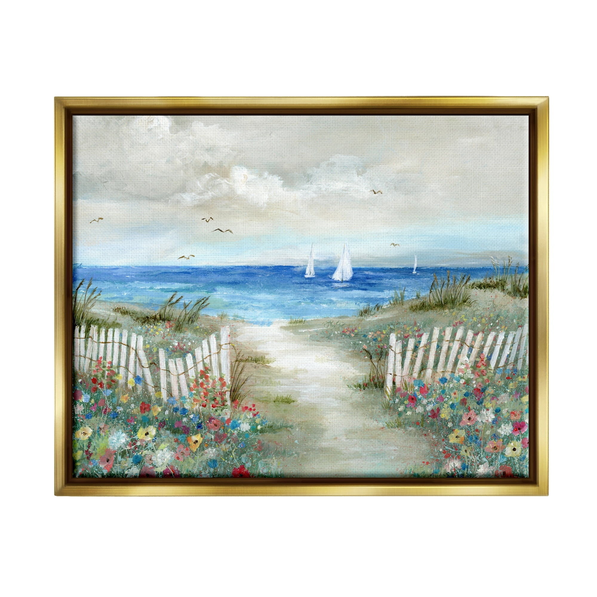 Tranquil Beachside Flower Meadow Ocean Scene Gold Framed Canvas Print