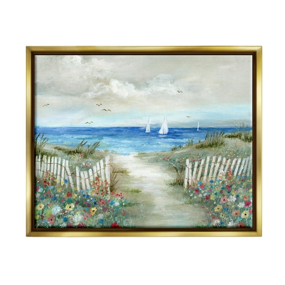 Stupell Industries Tranquil Beachside Flower Meadow Ocean Sailboats Scene Painting Metallic Gold Floating Framed Canvas Print Wall Art, Design by Nan