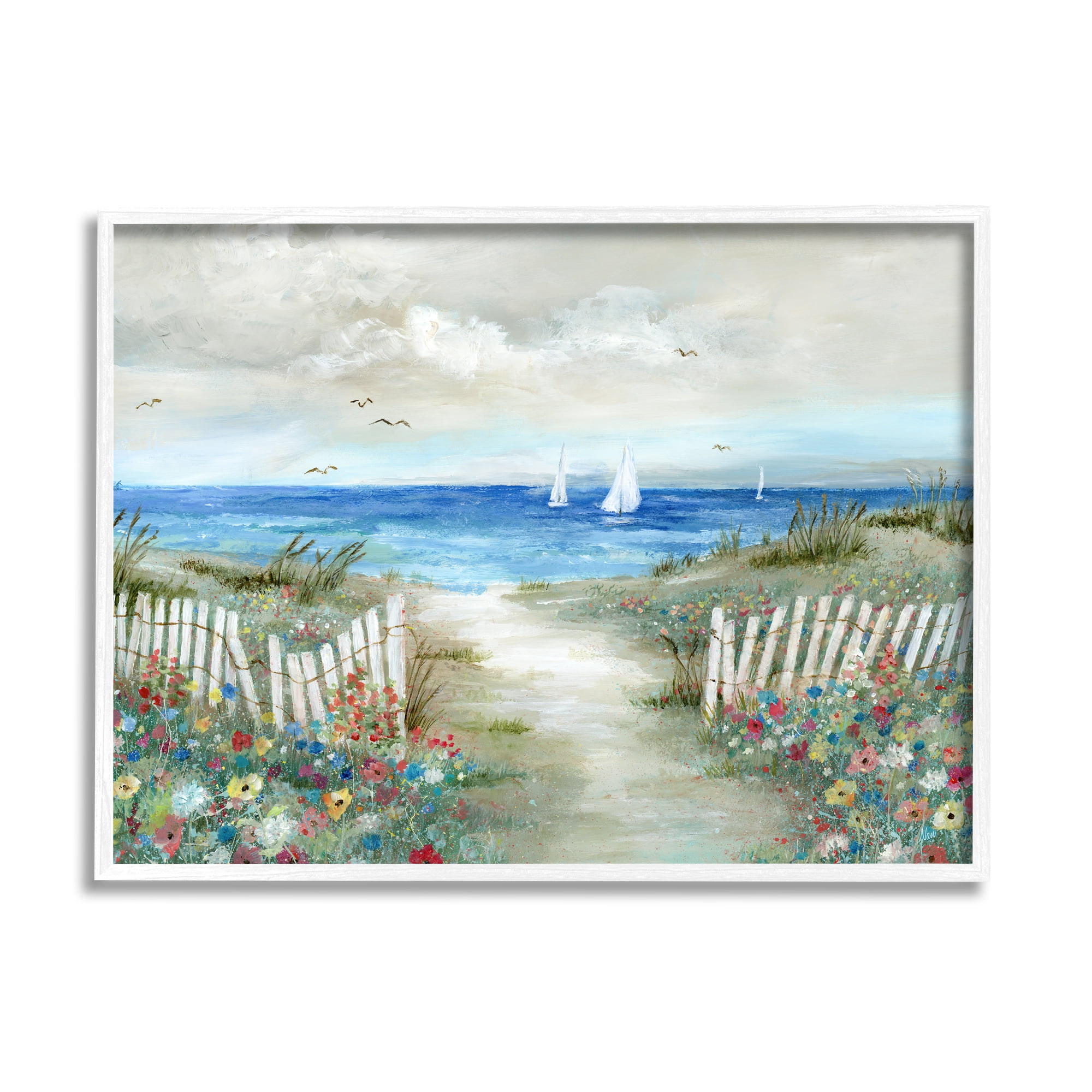 Tranquil Beachside Flower Meadow Ocean Scene Canvas Print