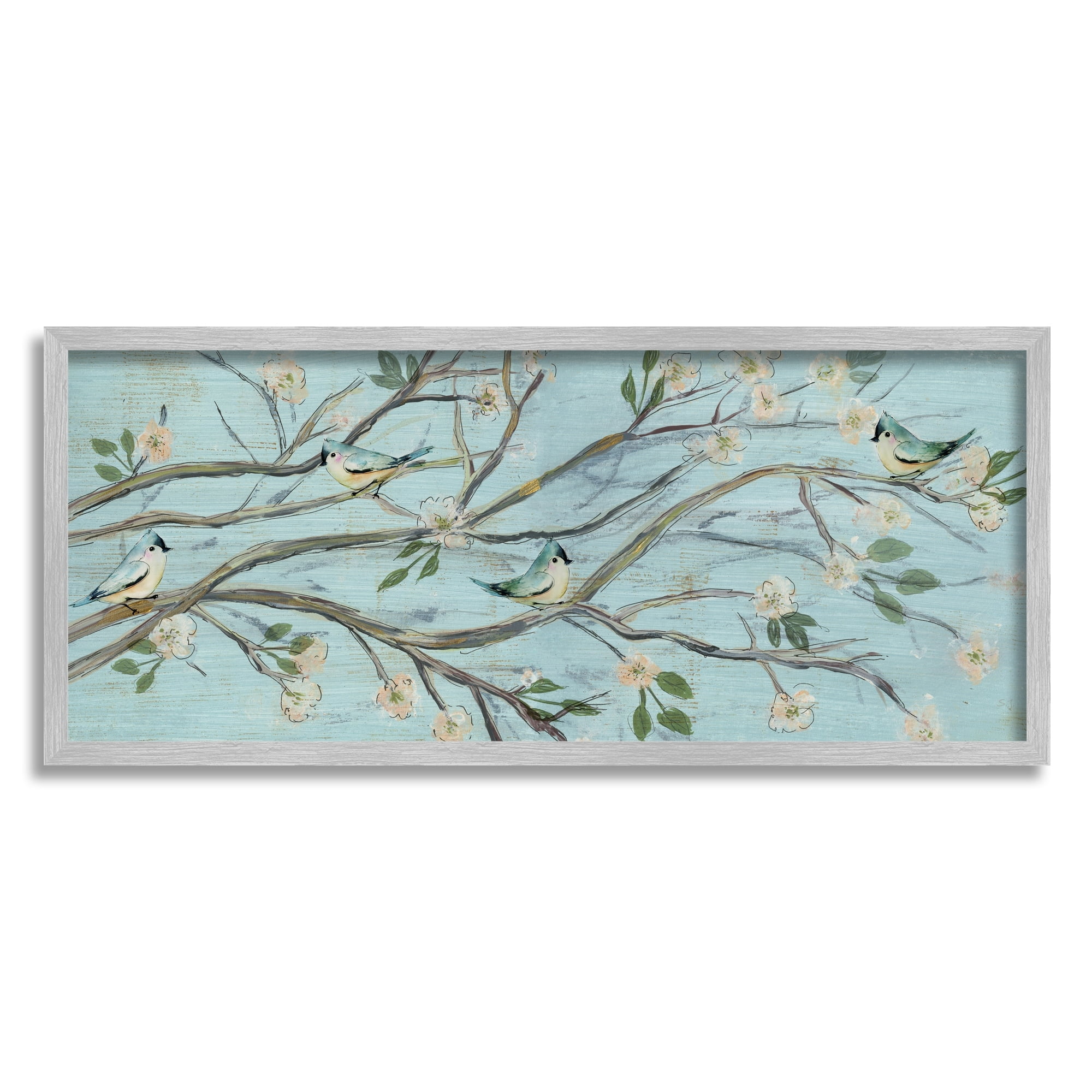 Stupell Industries Tranquil Blue Birds Cherry Blossom Tree Branch Paintings Gray Framed Art Print Wall Art, 24x10, by Susan Jill