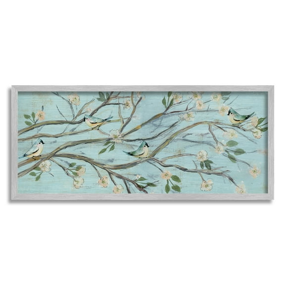 Stupell Industries Tranquil Blue Birds Cherry Blossom Tree Branch Paintings Gray Framed Art Print Wall Art, 30x13, by Susan Jill