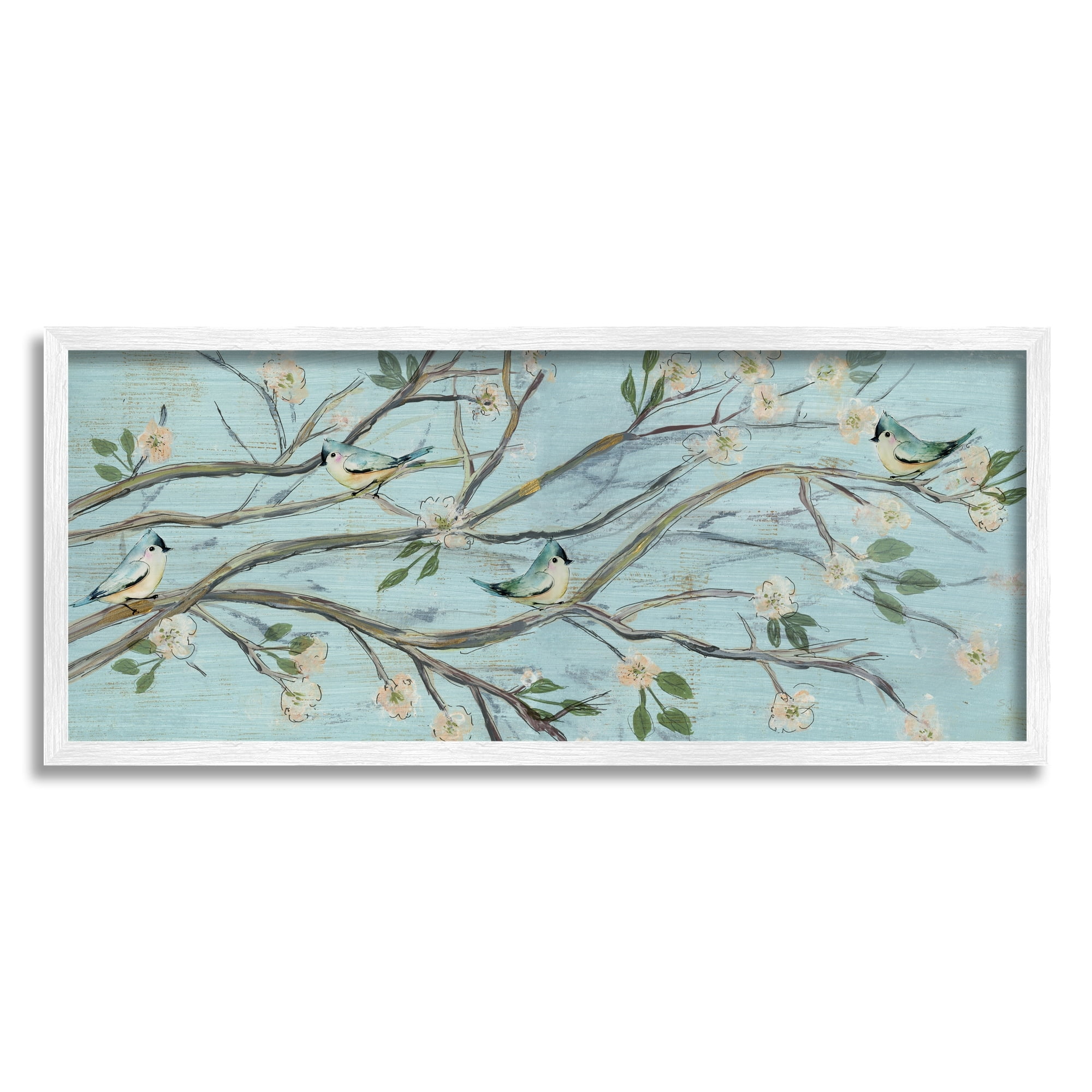 Stupell Industries Tranquil Blue Birds Cherry Blossom Tree Branch Paintings White Framed Art Print Wall Art, 24x10, by Susan Jill