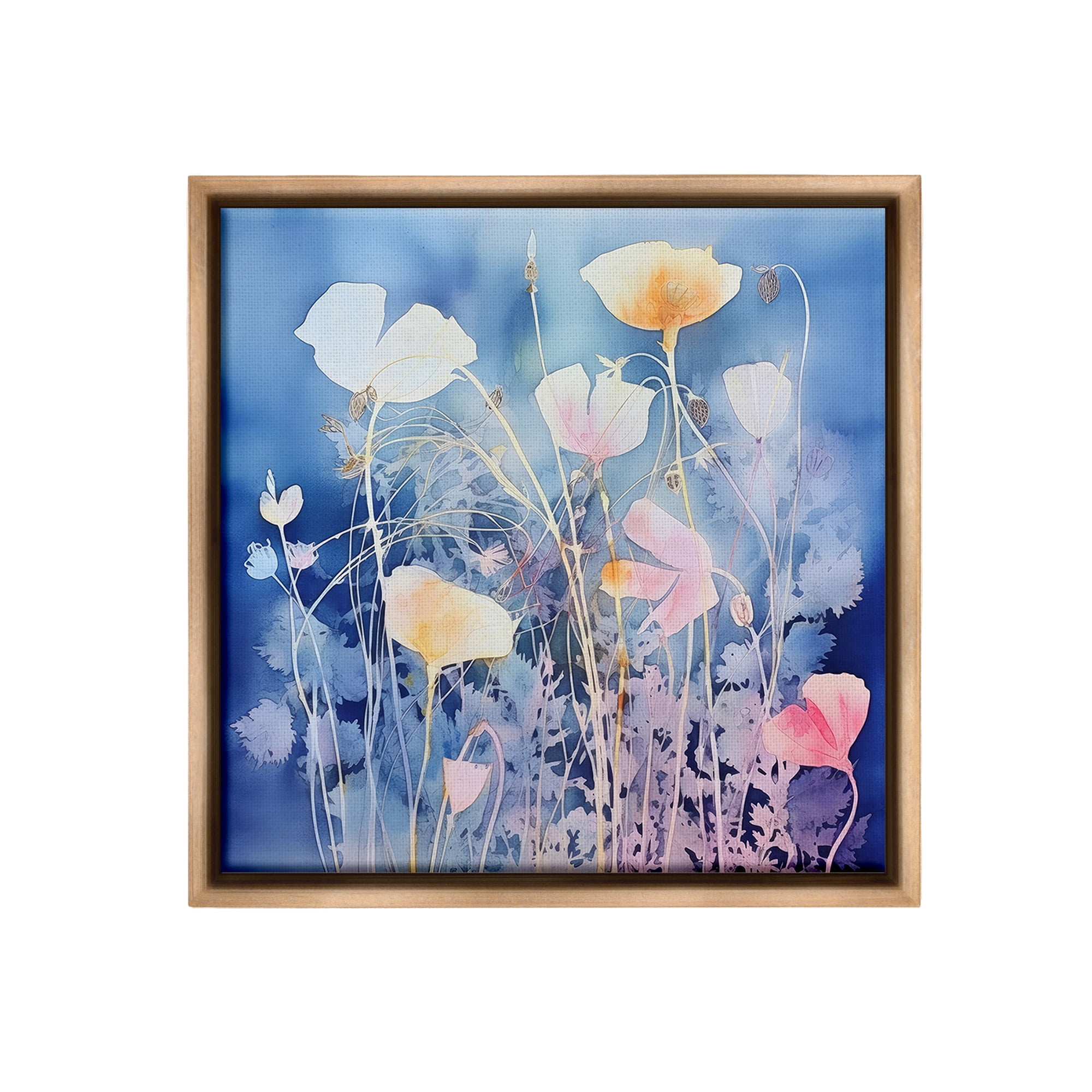 Stupell Industries Tranquil Blue Florals Botanical & Floral Painting Brown Floater Framed Canvas Art Print Wall Art, 25 x 25