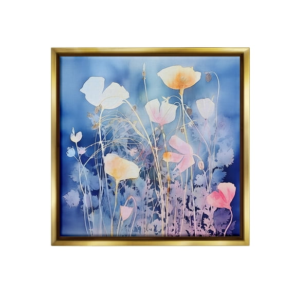 Stupell Industries Tranquil Blue Florals Botanical & Floral Painting Gold Floater Framed Canvas Art Print Wall Art, 25 x 25