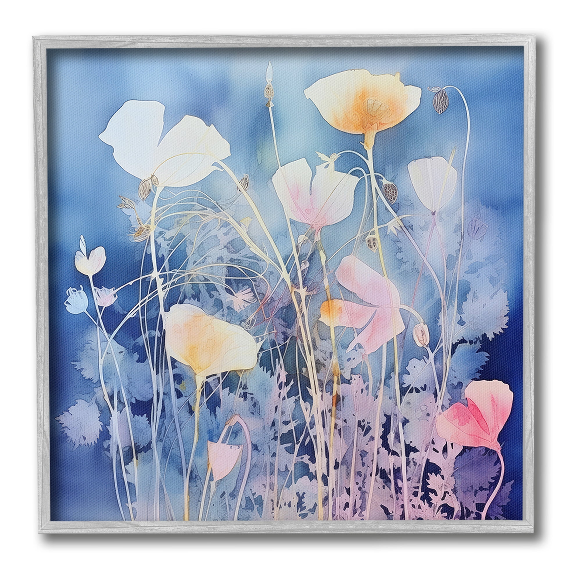Stupell Industries Tranquil Blue Florals Botanical & Floral Painting Gray Framed Art Print Wall Art, 24 x 24