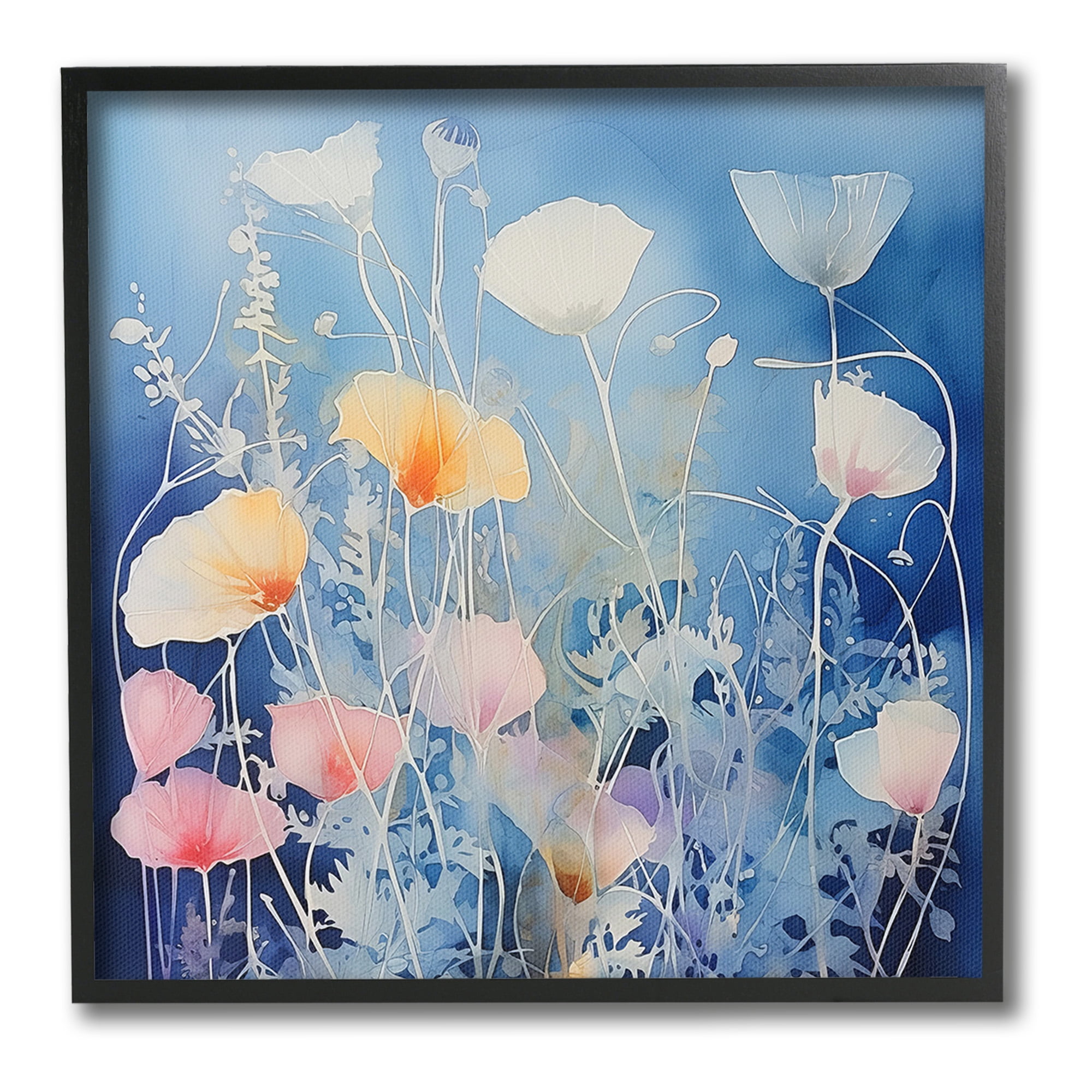 Stupell Industries Tranquil Blue Poppies Botanical & Floral Painting Black Framed Art Print Wall Art, 24 x 24