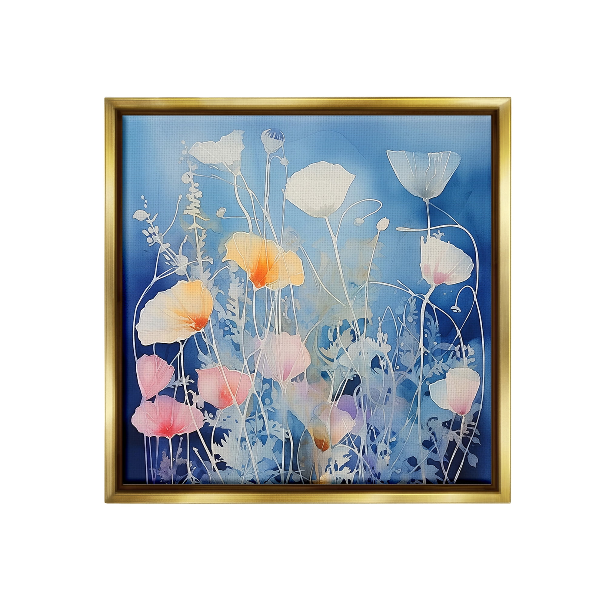 Stupell Industries Tranquil Blue Poppies Botanical & Floral Painting Gold Floater Framed Canvas Art Print Wall Art, 18 x 18