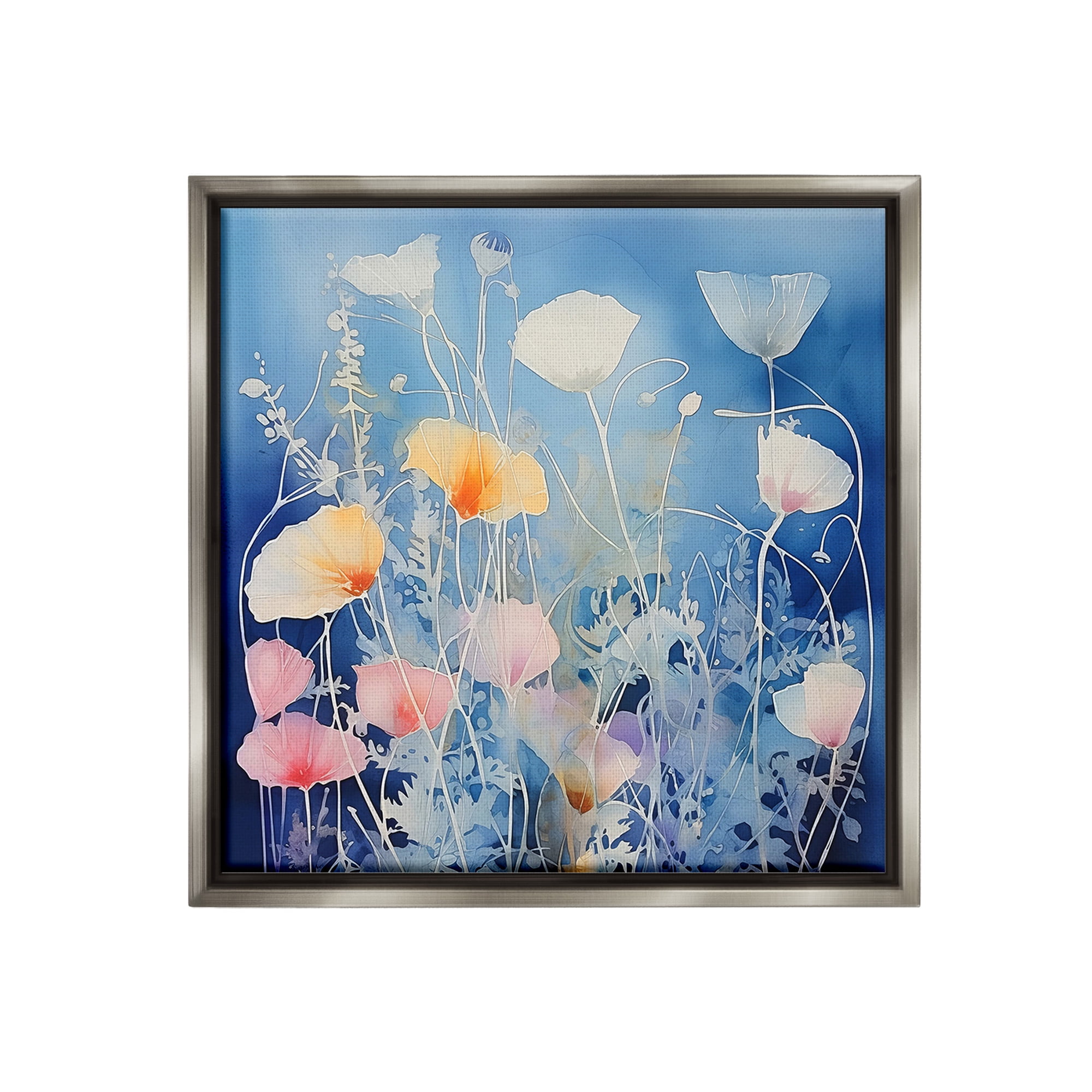 Stupell Industries Tranquil Blue Poppies Botanical & Floral Painting Gray Floater Framed Canvas Art Print Wall Art, 25 x 25