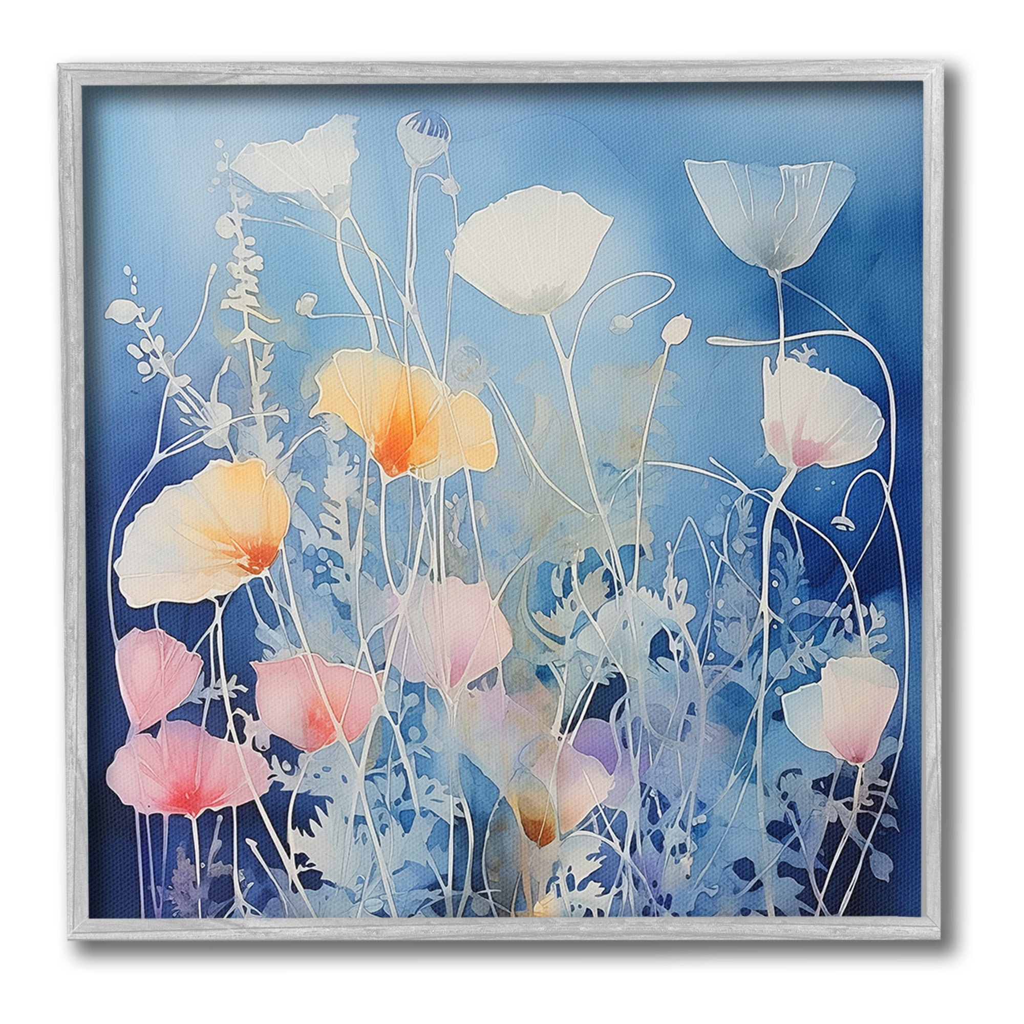 Stupell Industries Tranquil Blue Poppies Botanical & Floral Painting Gray Framed Art Print Wall Art, 24 x 24