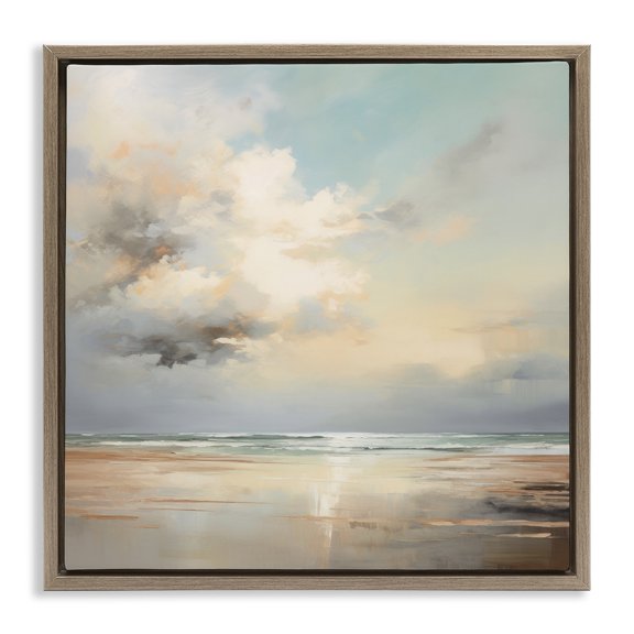 Stupell Industries Tranquil Blue Shores Brown Framed Floater Canvas Wall Art design by Raymond Powers, 18 x 18