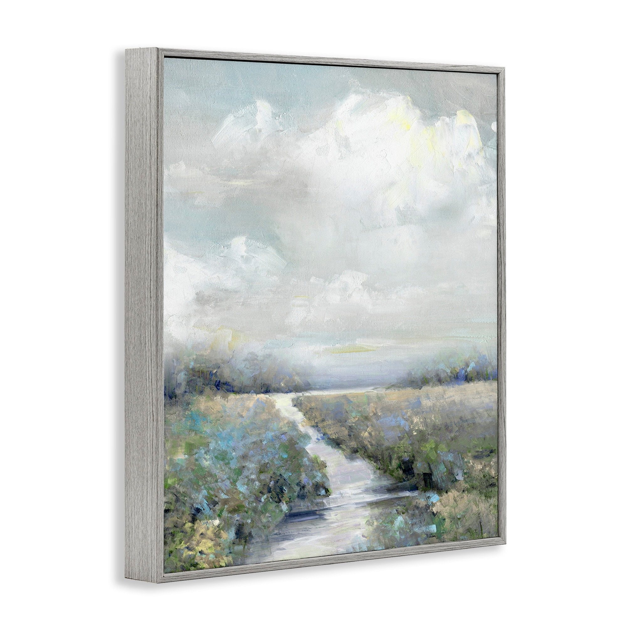 Stupell Industries Tranquil Flowers Blooming Meadow Path Puffy Clouds Painting Gray Framed Art Print Wall Art, Design by Sally Swatland