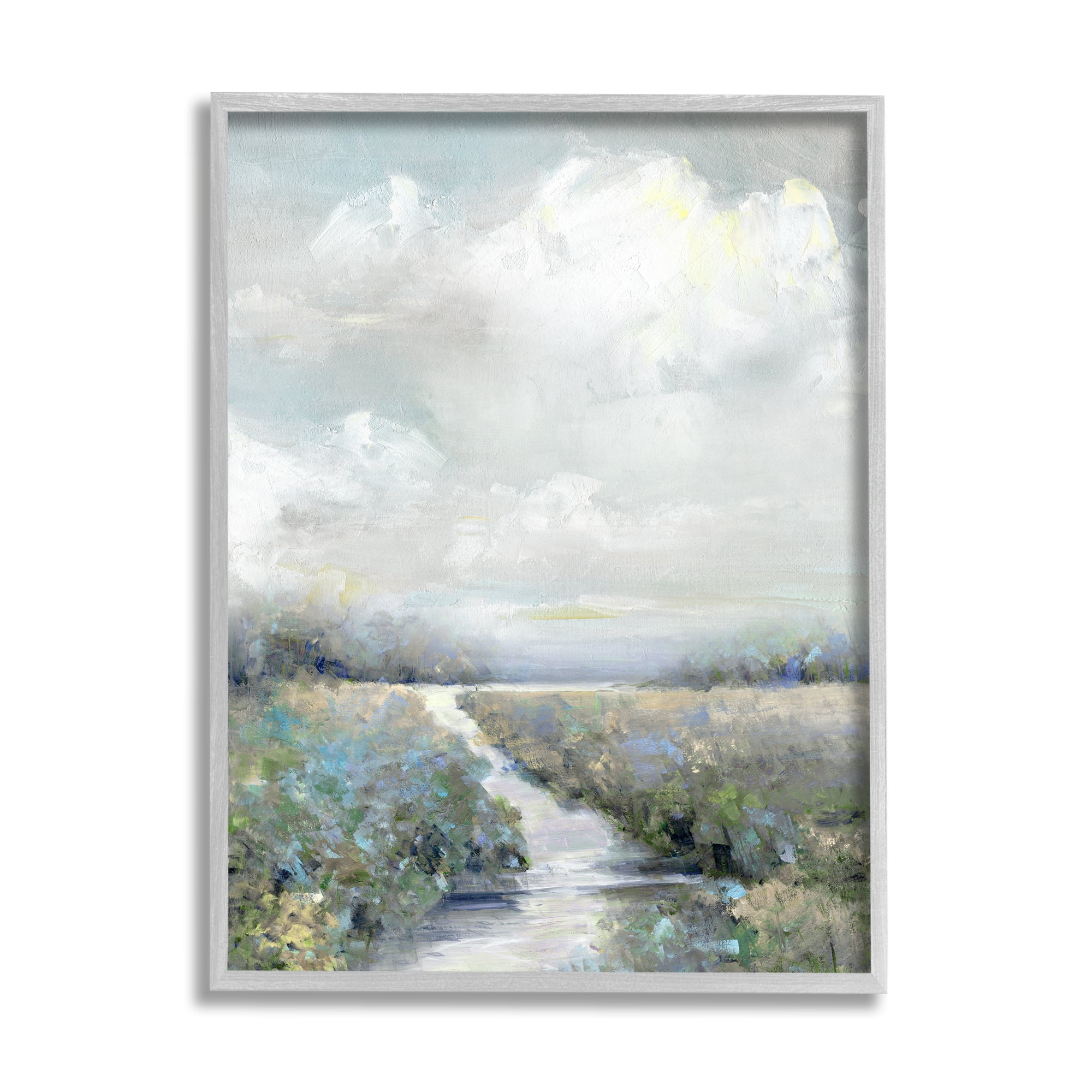 Stupell Industries Tranquil Flowers Blooming Meadow Path Puffy Clouds Painting Gray Framed Art Print Wall Art, Design by Sally Swatland