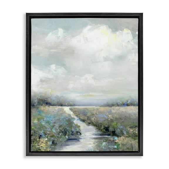 Stupell Industries Tranquil Flowers Blooming Meadow Path Puffy Clouds Painting Jet Black Floating Framed Canvas Print Wall Art, Design by Sally Swatland