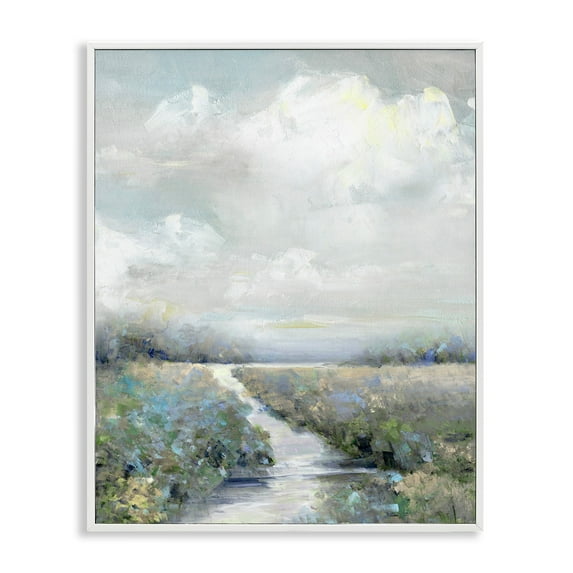 Stupell Industries Tranquil Flowers Blooming Meadow Path Puffy Clouds Painting White Framed Art Print Wall Art, Design by Sally Swatland
