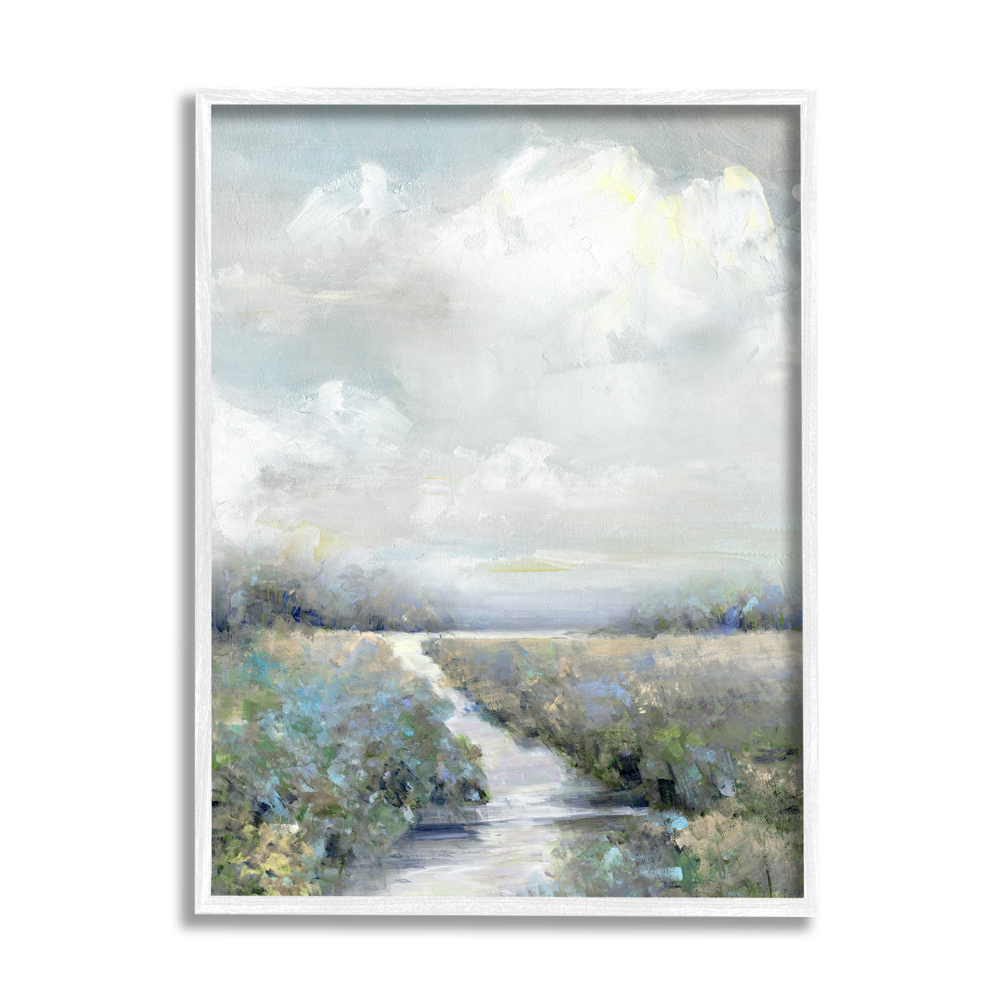 Stupell Industries Tranquil Flowers Blooming Meadow Path Puffy Clouds Painting White Framed Art Print Wall Art, Design by Sally Swatland