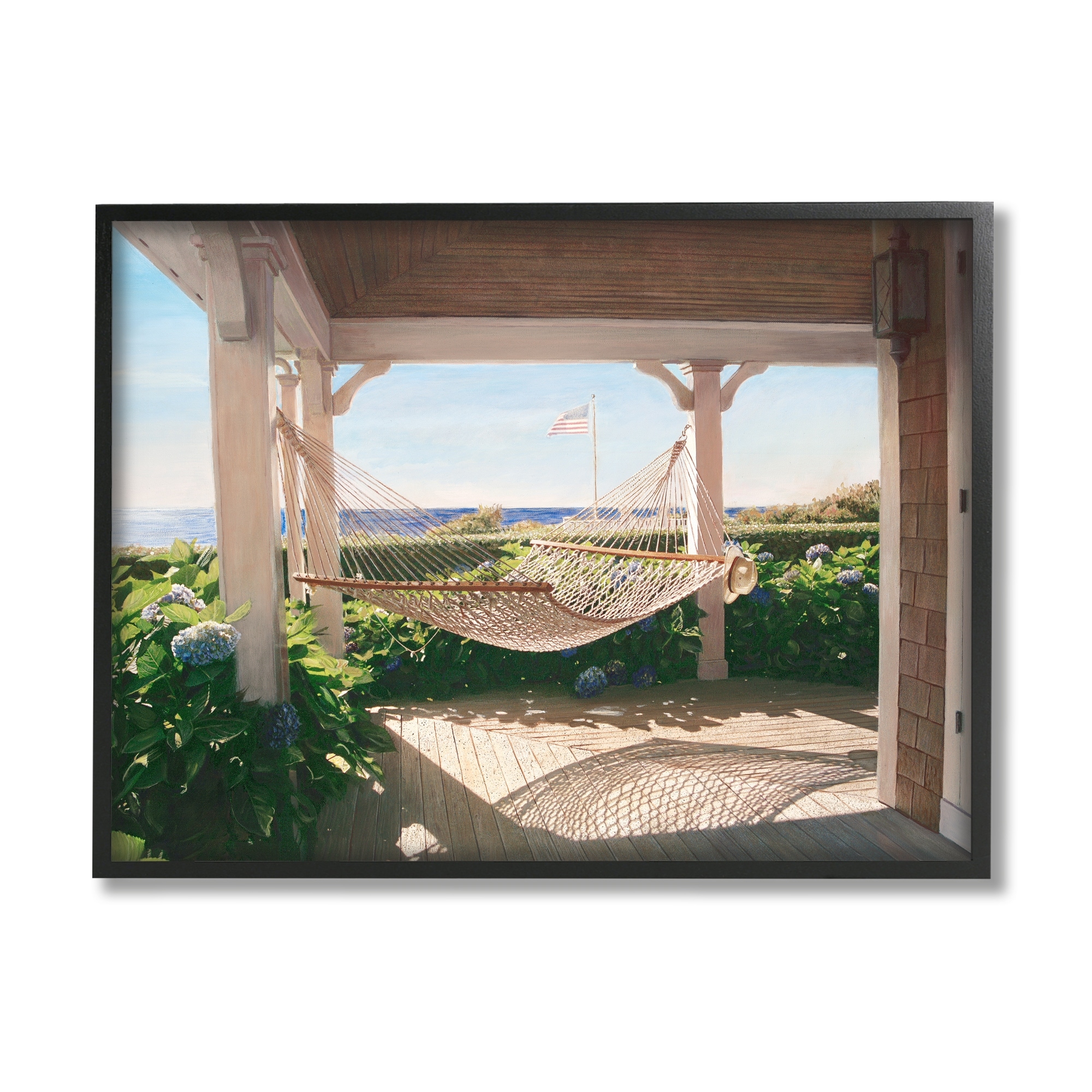 Stupell Industries Tranquil Hammock Warm Sunlit Porch Rural Garden Painting Black Framed Art Print Wall Art, Design by Tom Mielko