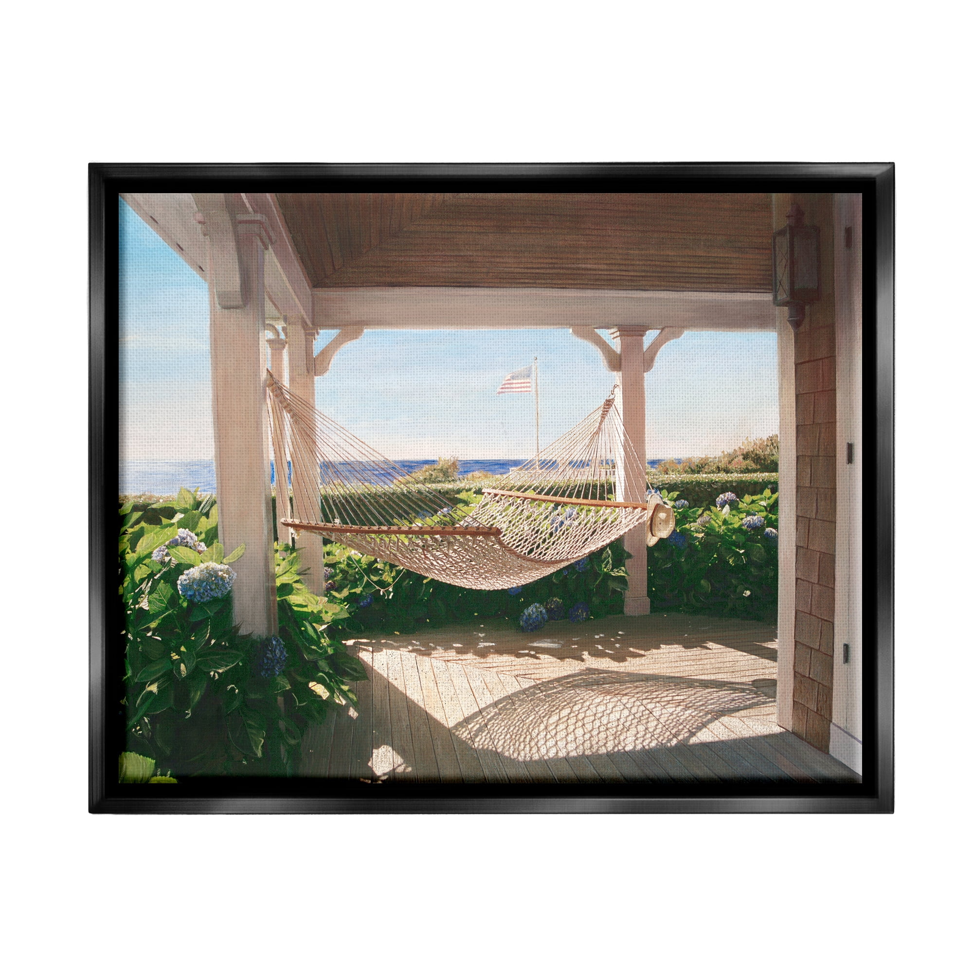 Stupell Industries Tranquil Hammock Warm Sunlit Porch Rural Garden Painting Jet Black Floating Framed Canvas Print Wall Art, Design by Tom Mielko