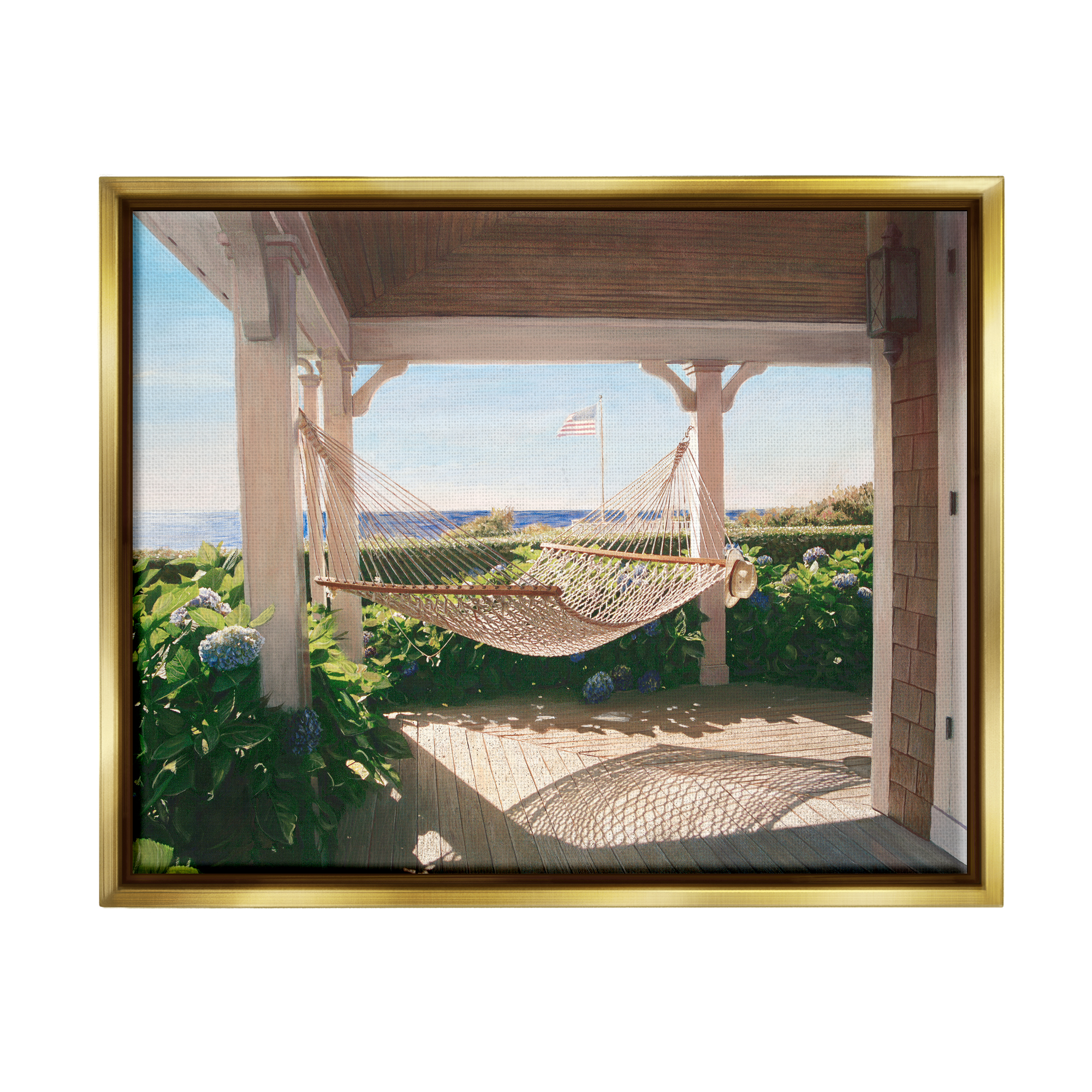 Stupell Industries Tranquil Hammock Warm Sunlit Porch Rural Garden Painting Metallic Gold Floating Framed Canvas Print Wall Art, Design by Tom Mielko